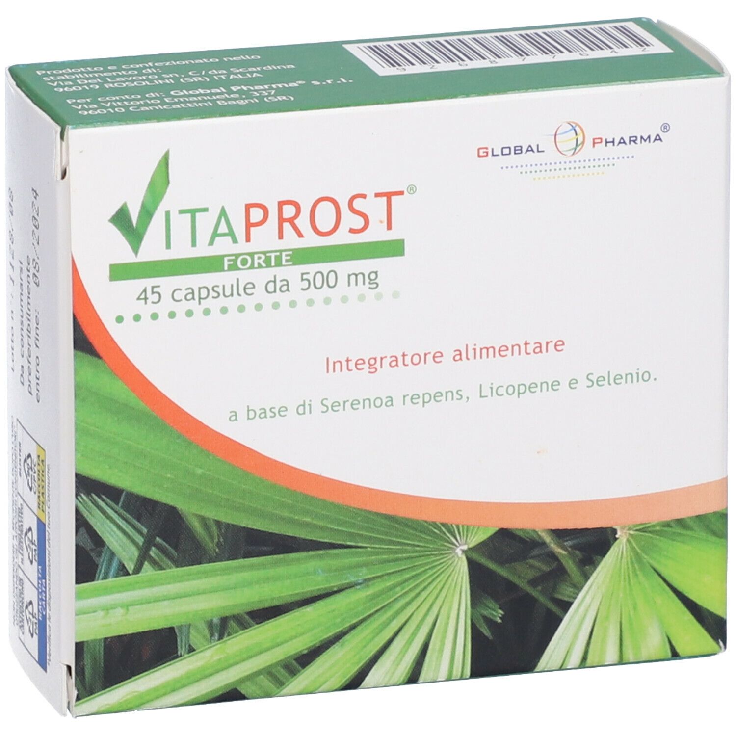Scatola "Vitaprost Forte" con nome del prodotto, logo e informazioni. Confezione verde e bianca.