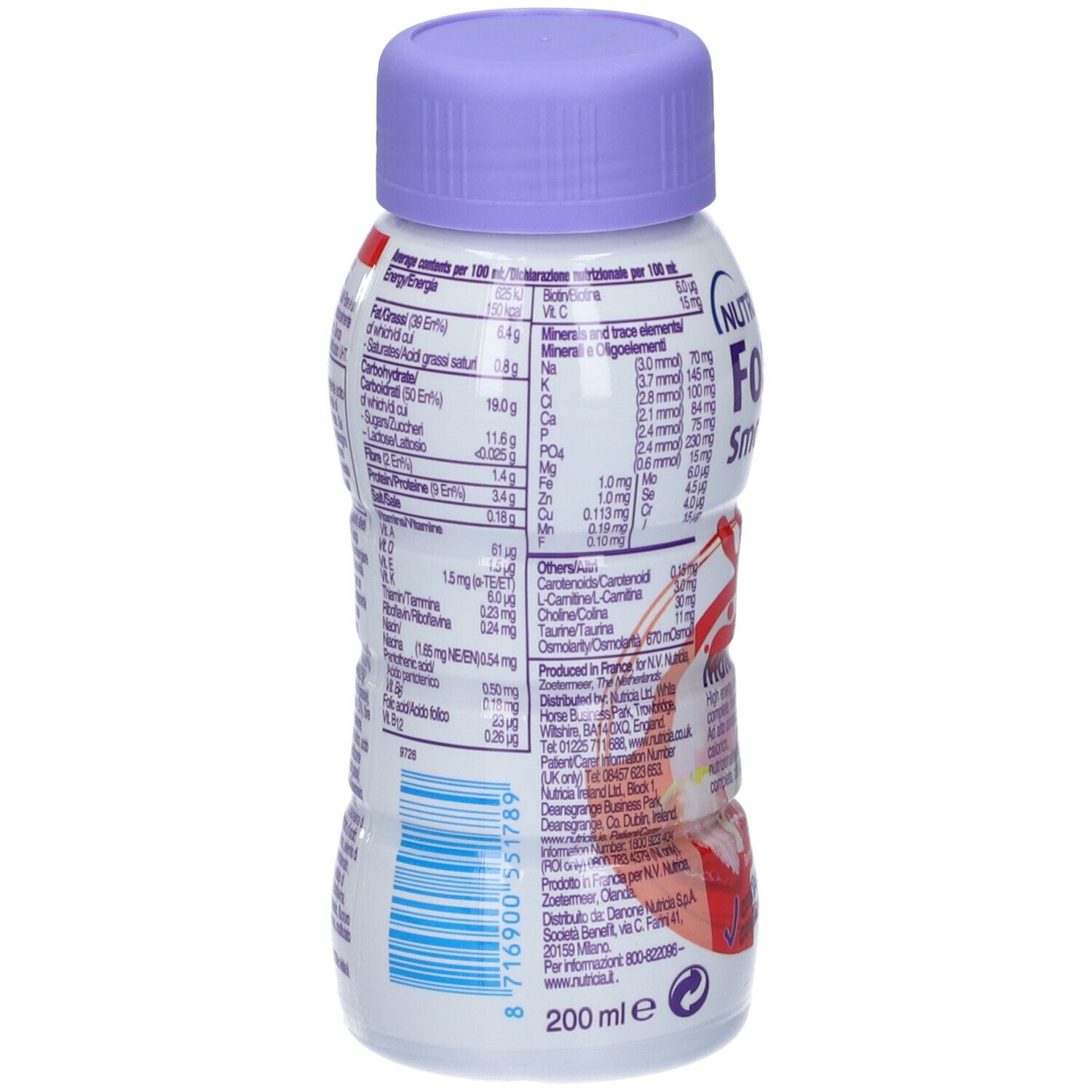 Rückseite der Nutricia Fortini Smoothie Multi Fibre Beerenfrucht Flasche mit Nährwertangaben.