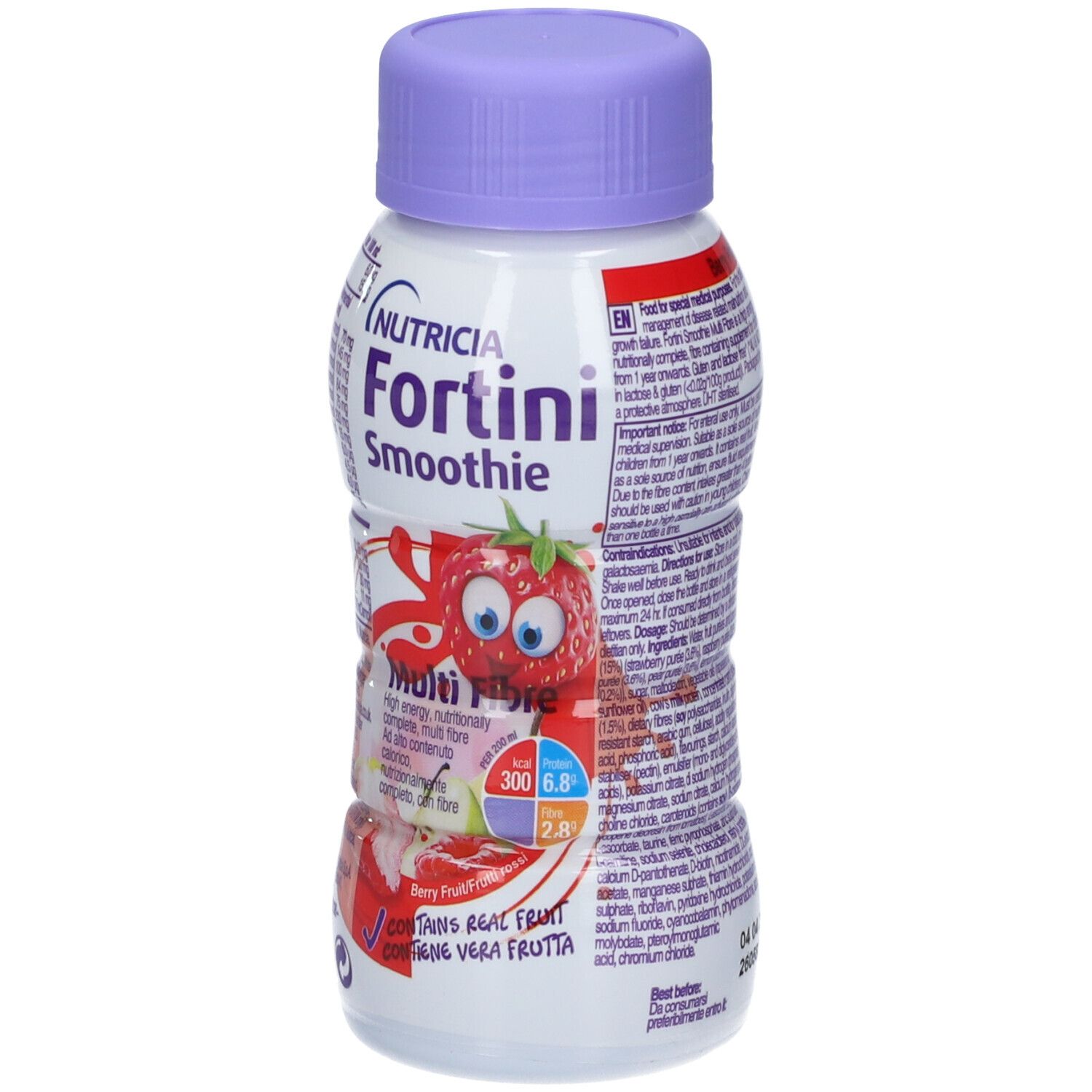 Nutricia Fortini Smoothie Multi Fibre Beerenfrucht, 200ml Flasche mit Fruchtmotiv.