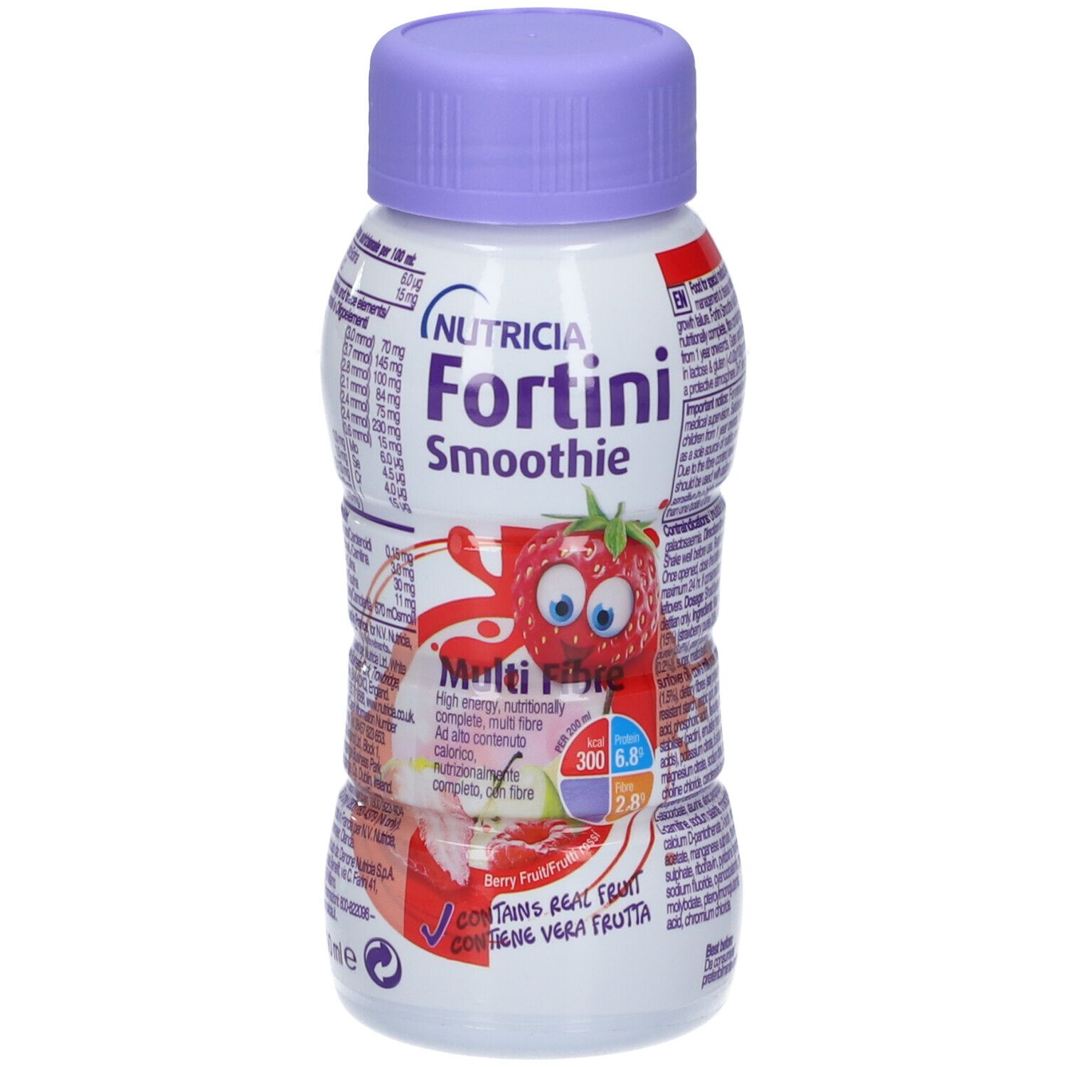 Nutricia Fortini Smoothie Multi Fibre Beerenfrucht, 200ml Flasche mit Nährwertangaben.