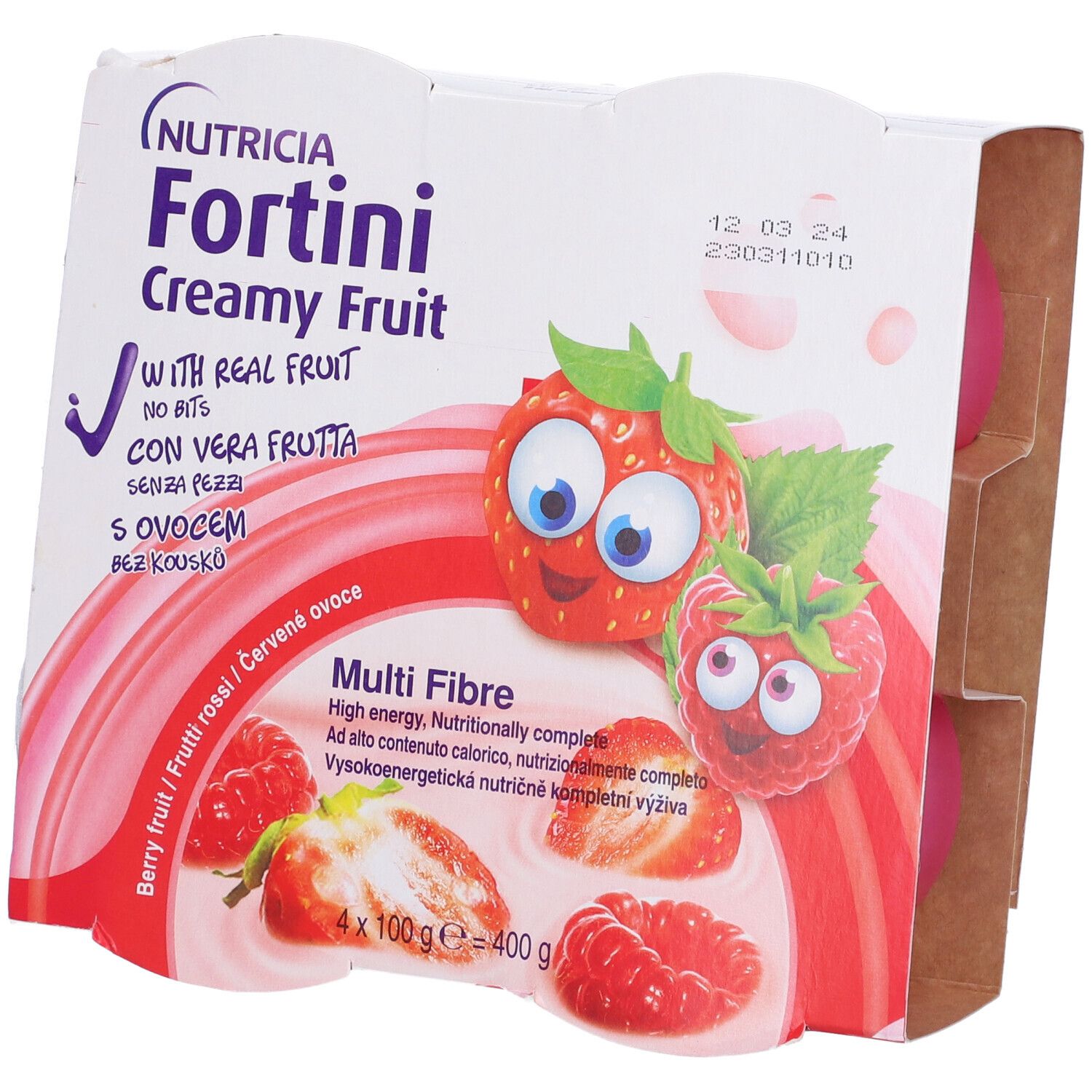 Confezione di quattro vasetti Fortini Creamy Fruit. Illustrazioni di fragole e lamponi. Testo multilingue.