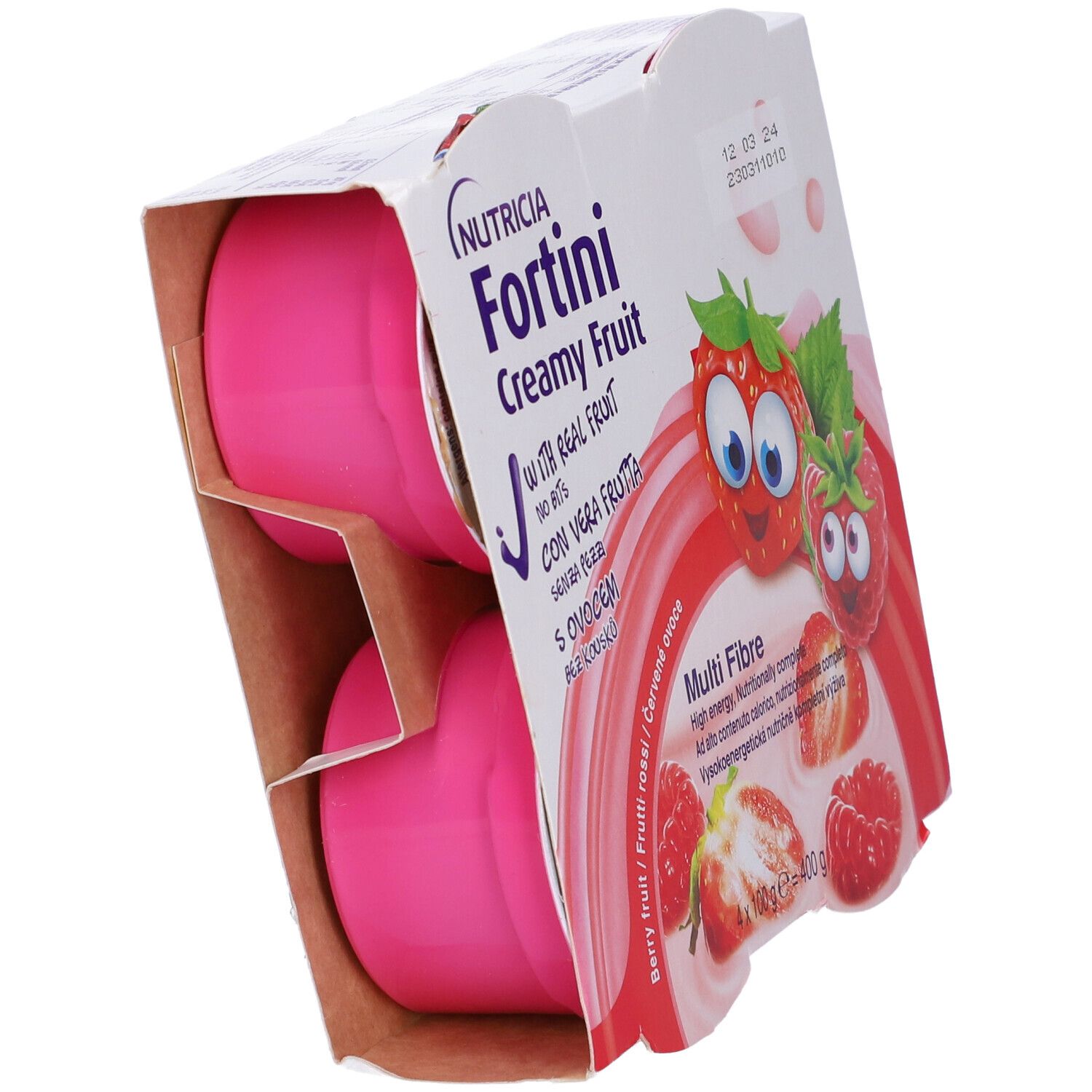 Confezione di quattro vasetti rosa Fortini Creamy Fruit. Vista laterale. Illustrazioni di fragole e lamponi.