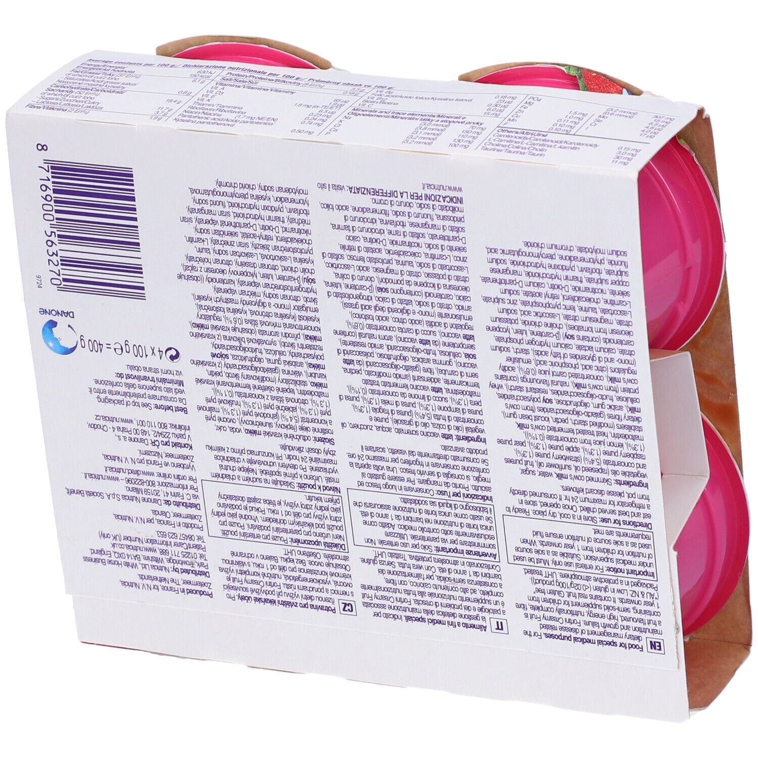 Retro della confezione di quattro vasetti rosa. Testo multilingue. Informazioni nutrizionali e ingredienti.