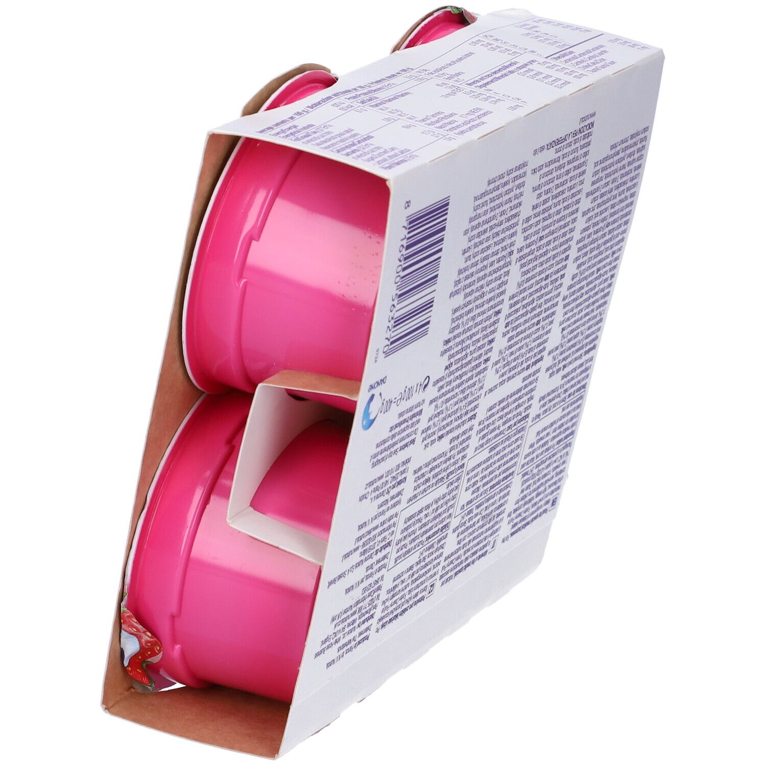 Confezione di quattro vasetti rosa. Vista posteriore. Testo multilingue. Informazioni nutrizionali e ingredienti.