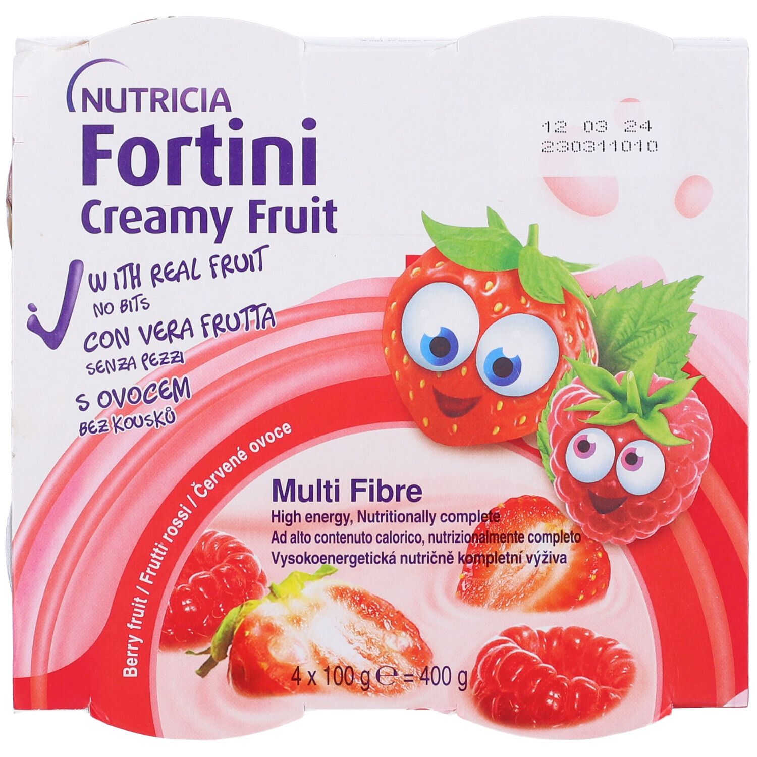 Confezione di quattro vasetti Fortini Creamy Fruit. Illustrazioni di fragole e lamponi. Testo multilingue.