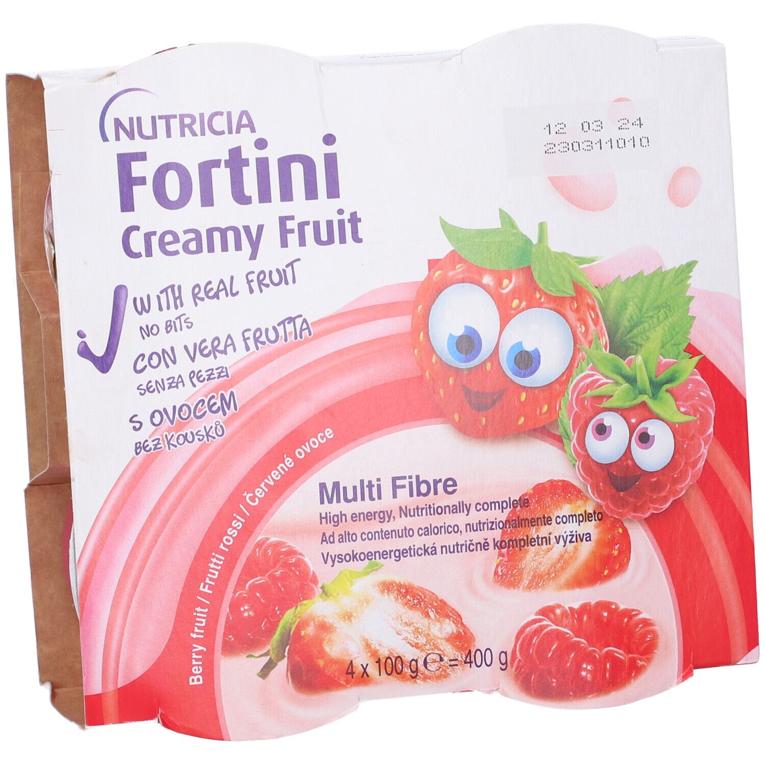 Confezione di quattro vasetti Fortini Creamy Fruit. Illustrazioni di fragole e lamponi. Testo multilingue.