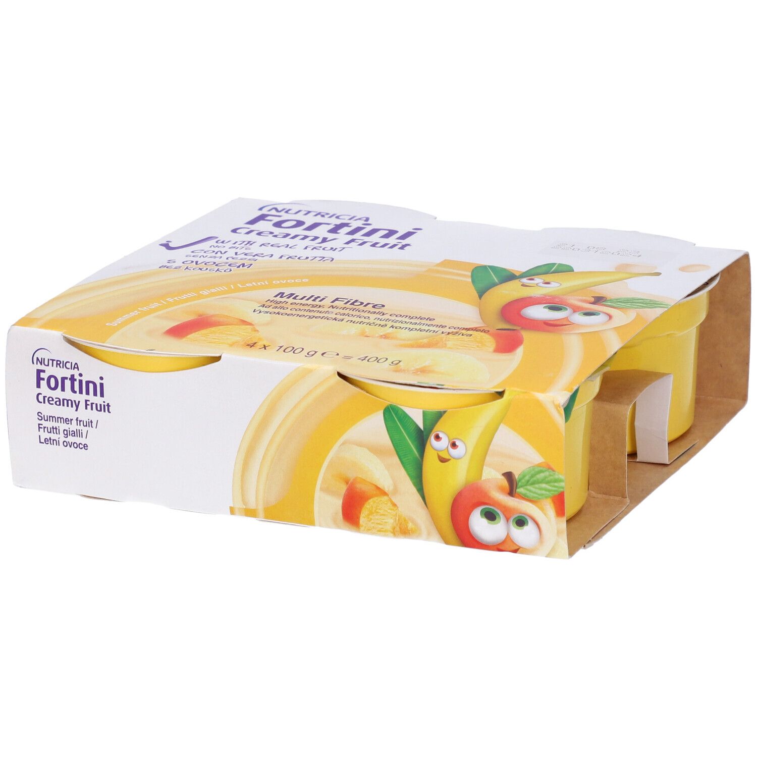 Confezione di quattro vasetti gialli Nutricia Fortini Creamy Fruit. Scritte: Multi Fibre, illustrazioni di frutta.