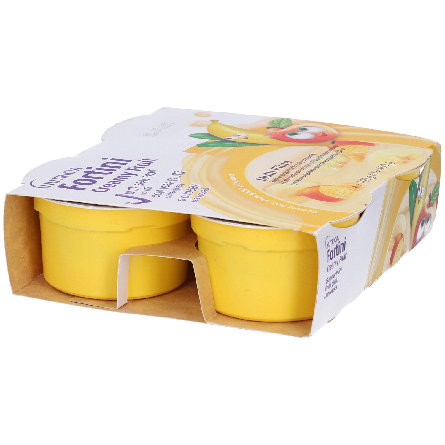 Confezione con due vasetti gialli Nutricia Fortini Creamy Fruit. Scritte: Multi Fibre, illustrazioni di frutta.