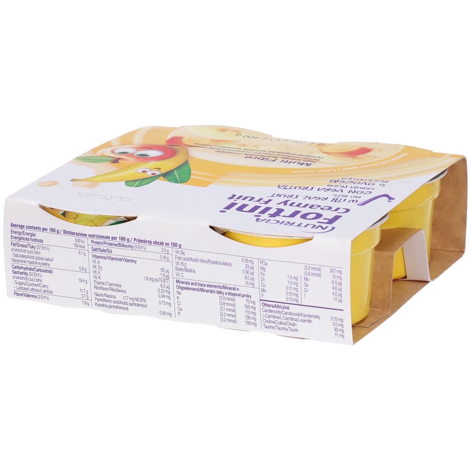Confezione con quattro vasetti gialli Nutricia Fortini Creamy Fruit. Retro con informazioni nutrizionali. Scritte: Multi Fibre, illustrazioni di frutta.