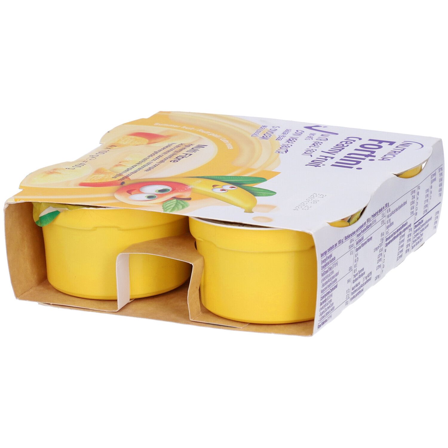 Confezione con due vasetti gialli Nutricia Fortini Creamy Fruit. Scritte: Multi Fibre, illustrazioni di frutta.