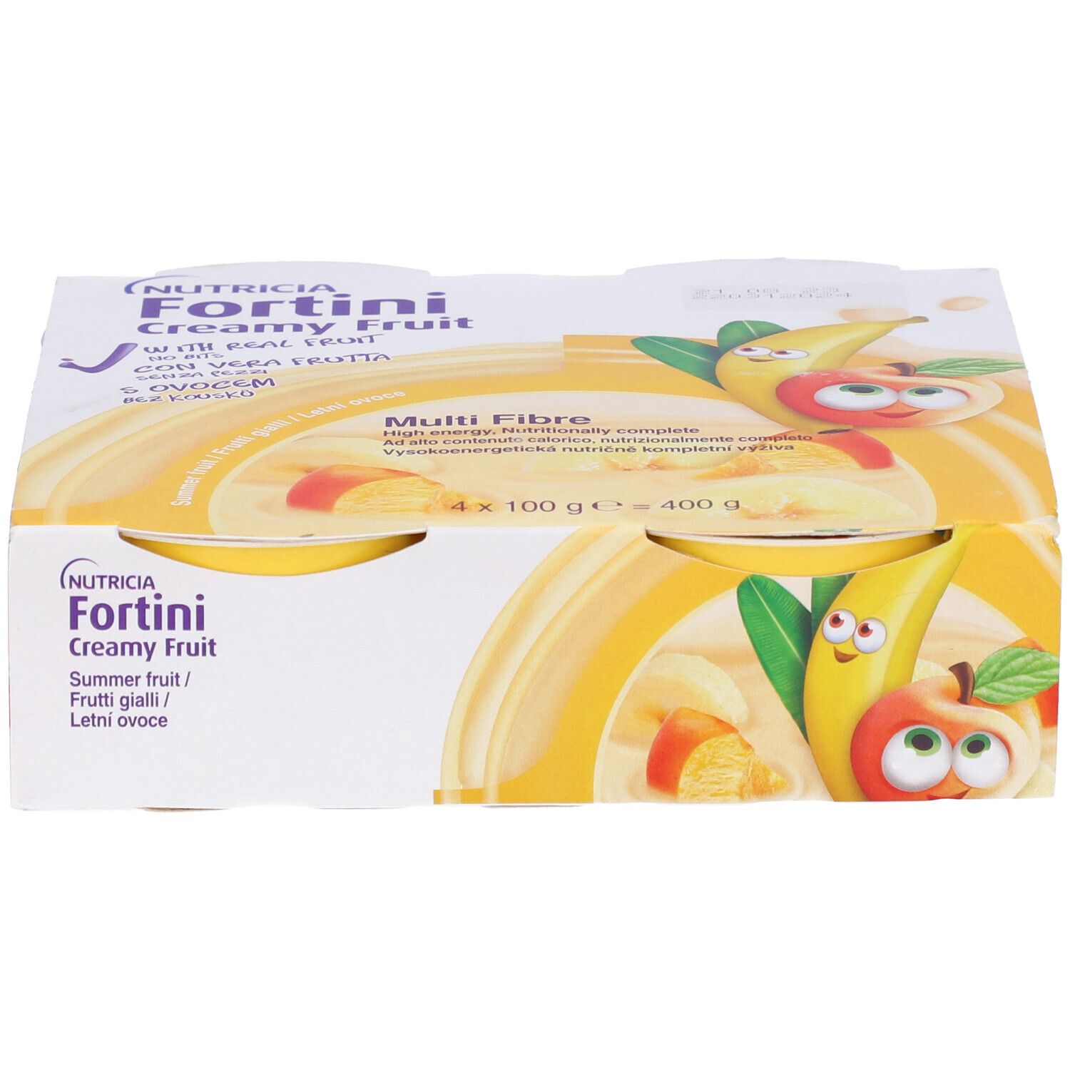 Confezione con quattro vasetti gialli Nutricia Fortini Creamy Fruit. Scritte: Multi Fibre, illustrazioni di frutta.