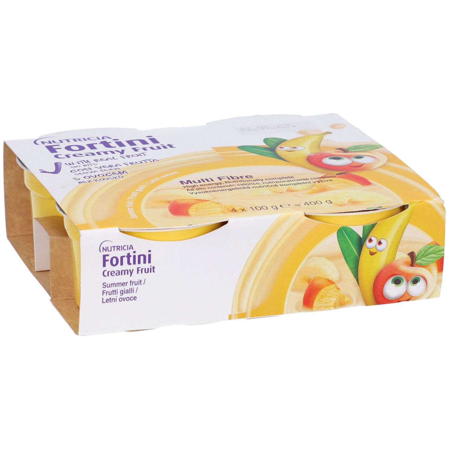 Confezione con quattro vasetti gialli Nutricia Fortini Creamy Fruit. Scritte: Multi Fibre, illustrazioni di frutta.