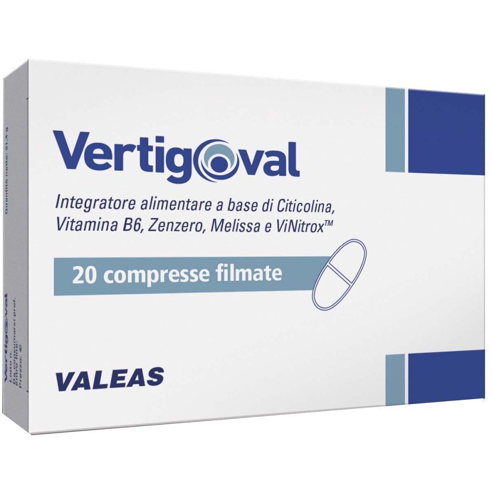Scatola con nome prodotto e 20 compresse. Accenti blu. Logo VALEAS.