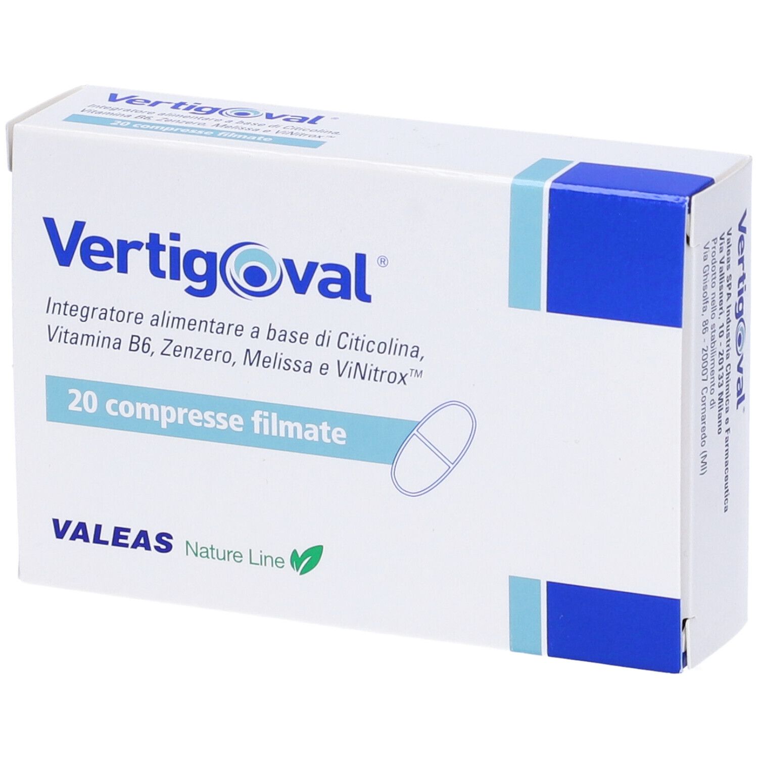 Confezione prodotto, leggermente angolata. Nome prodotto, 20 compresse. Accenti blu. Logo VALEAS.