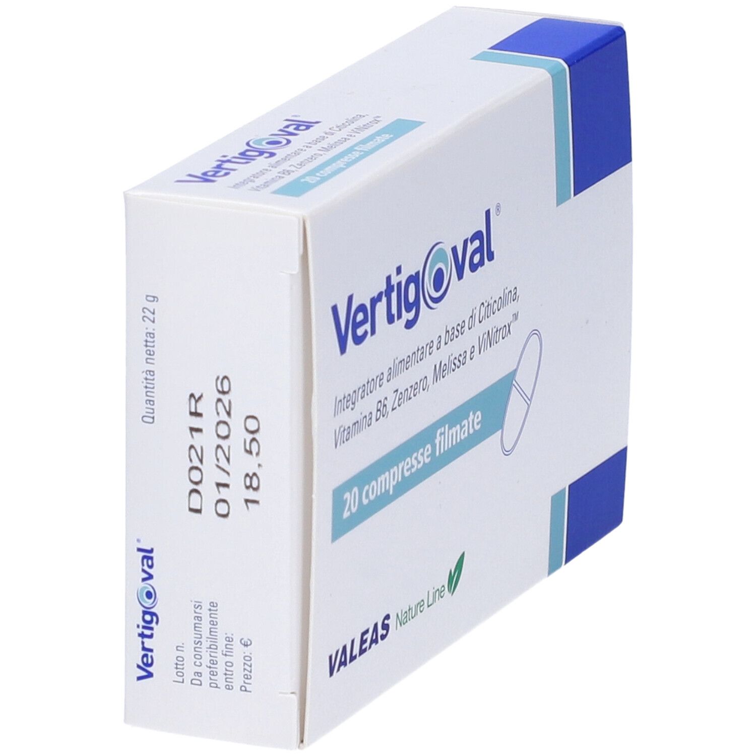 Confezione prodotto, leggermente angolata. Nome prodotto, 20 compresse. Accenti blu. Logo VALEAS.