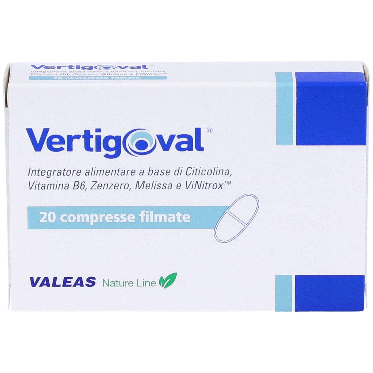 Confezione con nome prodotto e 20 compresse. Accenti blu. Logo VALEAS.
