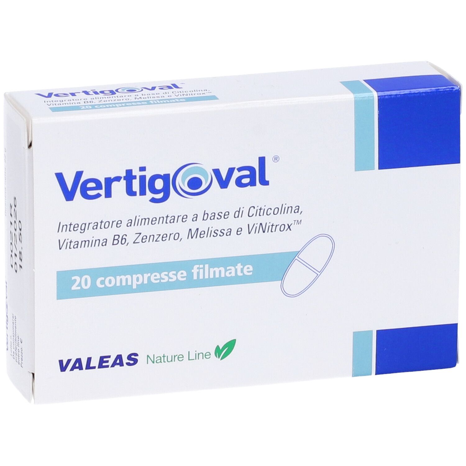 Confezione con nome prodotto e 20 compresse. Accenti blu. Logo VALEAS.