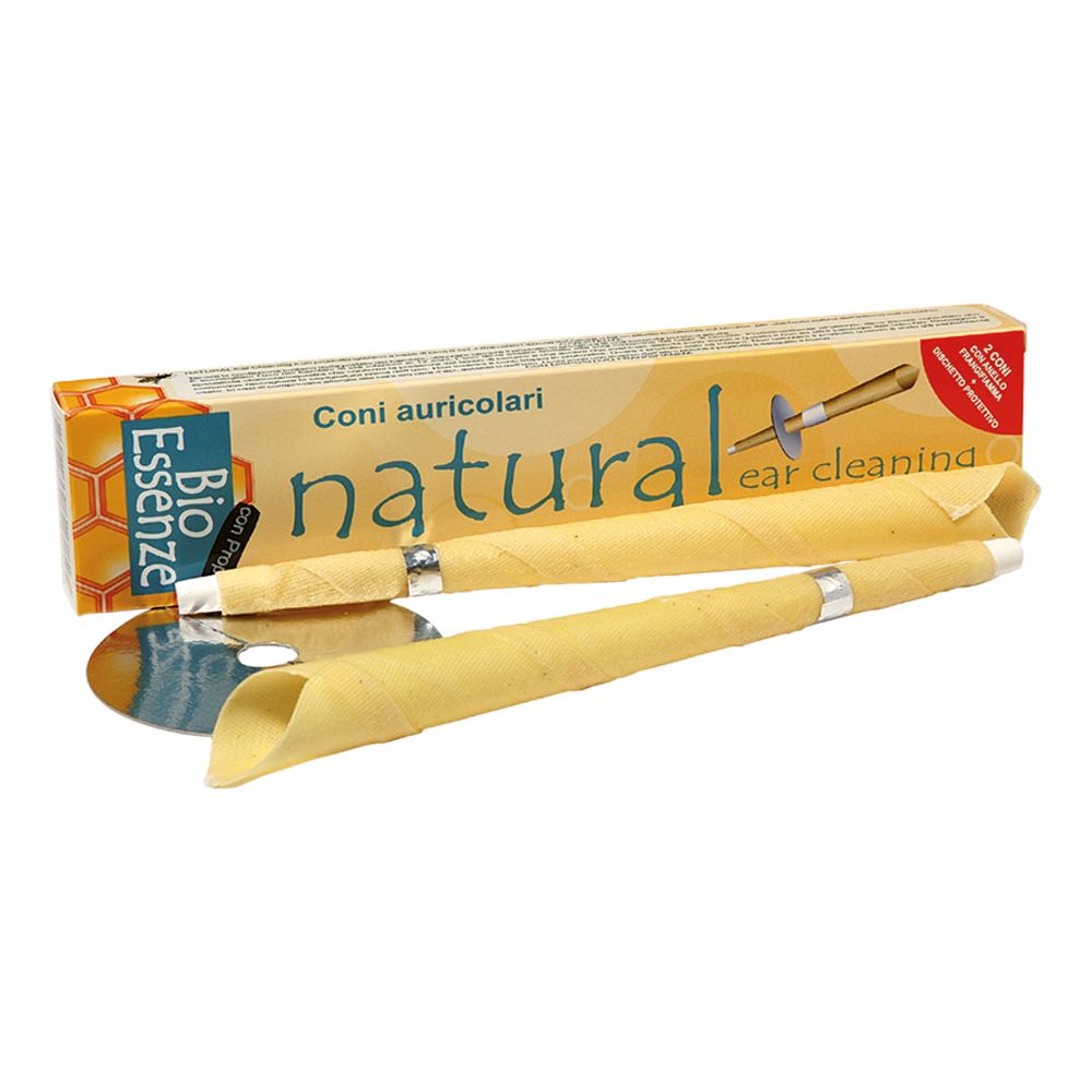 Due coni auricolari gialli con anello metallico e disco protettivo. Scritta: natural, Bio Essenze. Confezione.