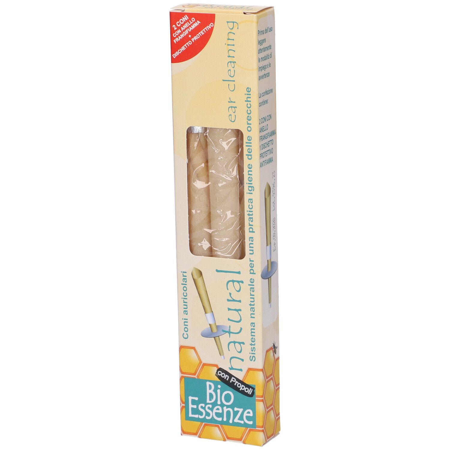 Confezione alta e stretta con due coni auricolari. Finestra. Scritta: natural, Bio Essenze, con Propoli, ear cleaning.