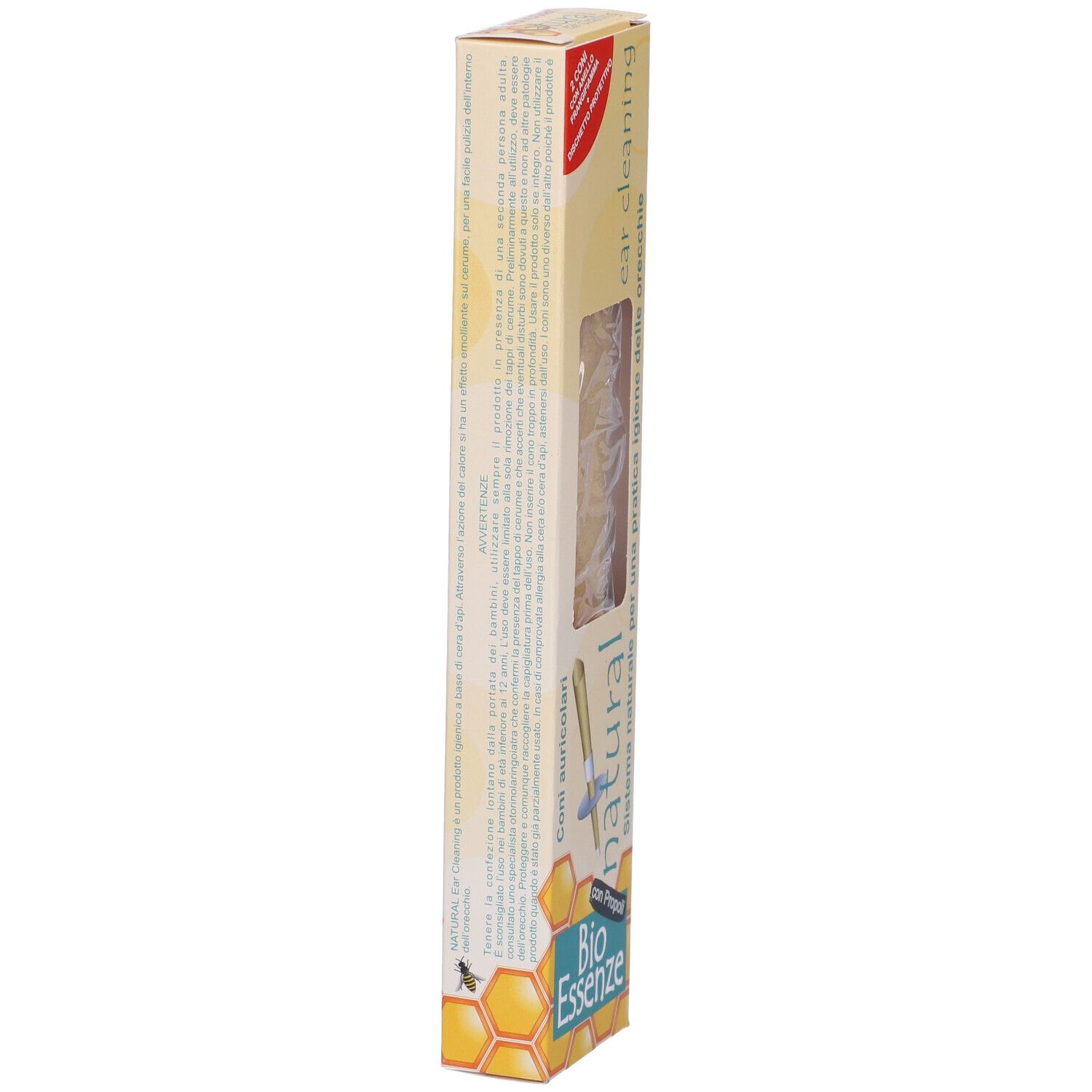 Confezione alta e stretta. Retro con testo e illustrazioni. Scritta: natural, Bio Essenze, ear cleaning, con Propoli.