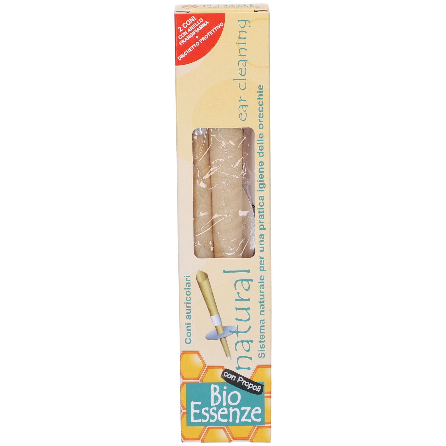 Confezione alta e stretta con due coni auricolari. Finestra. Scritta: natural, Bio Essenze, con Propoli, ear cleaning.