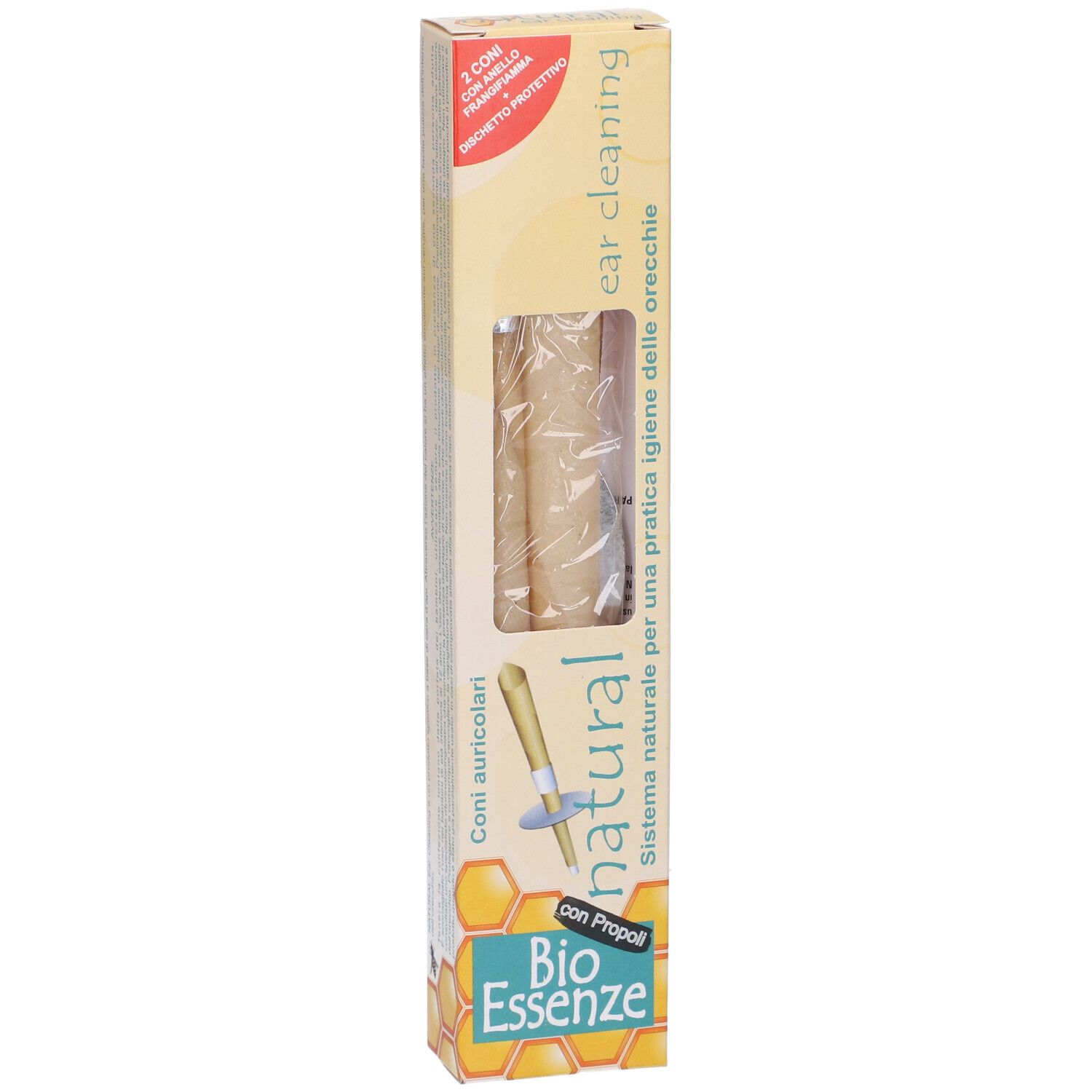 Confezione alta e stretta con due coni auricolari. Finestra. Scritta: natural, Bio Essenze, con Propoli, ear cleaning.