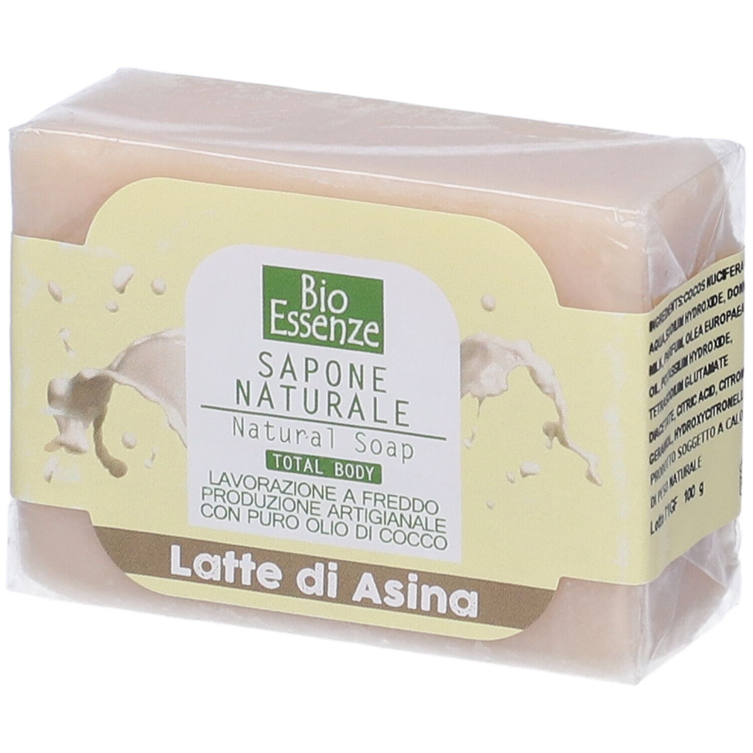 Sapone confezionato. Sulla confezione: "Bio Essenze Sapone Naturale Latte di Asina".