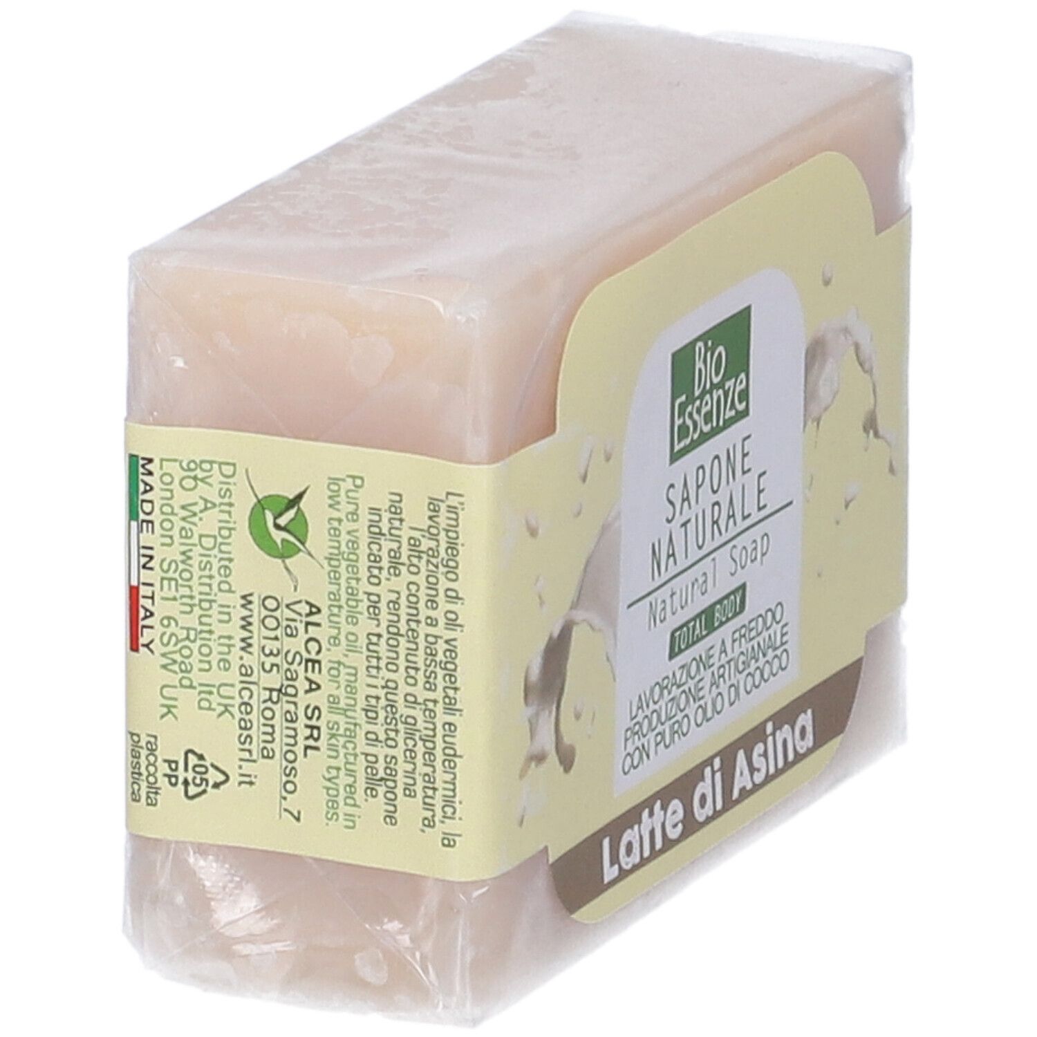 Sapone confezionato. Sulla confezione: "Bio Essenze Sapone Naturale Latte di Asina".