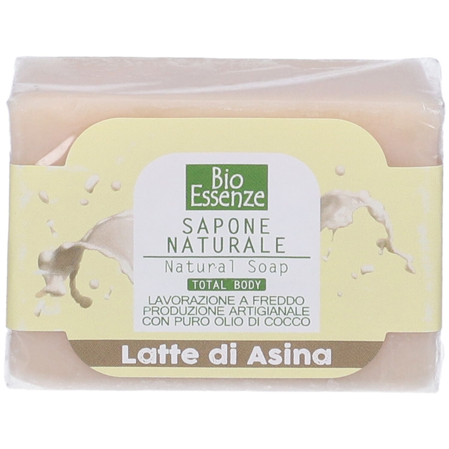 Sapone confezionato. Sulla confezione: "Bio Essenze Sapone Naturale Latte di Asina".