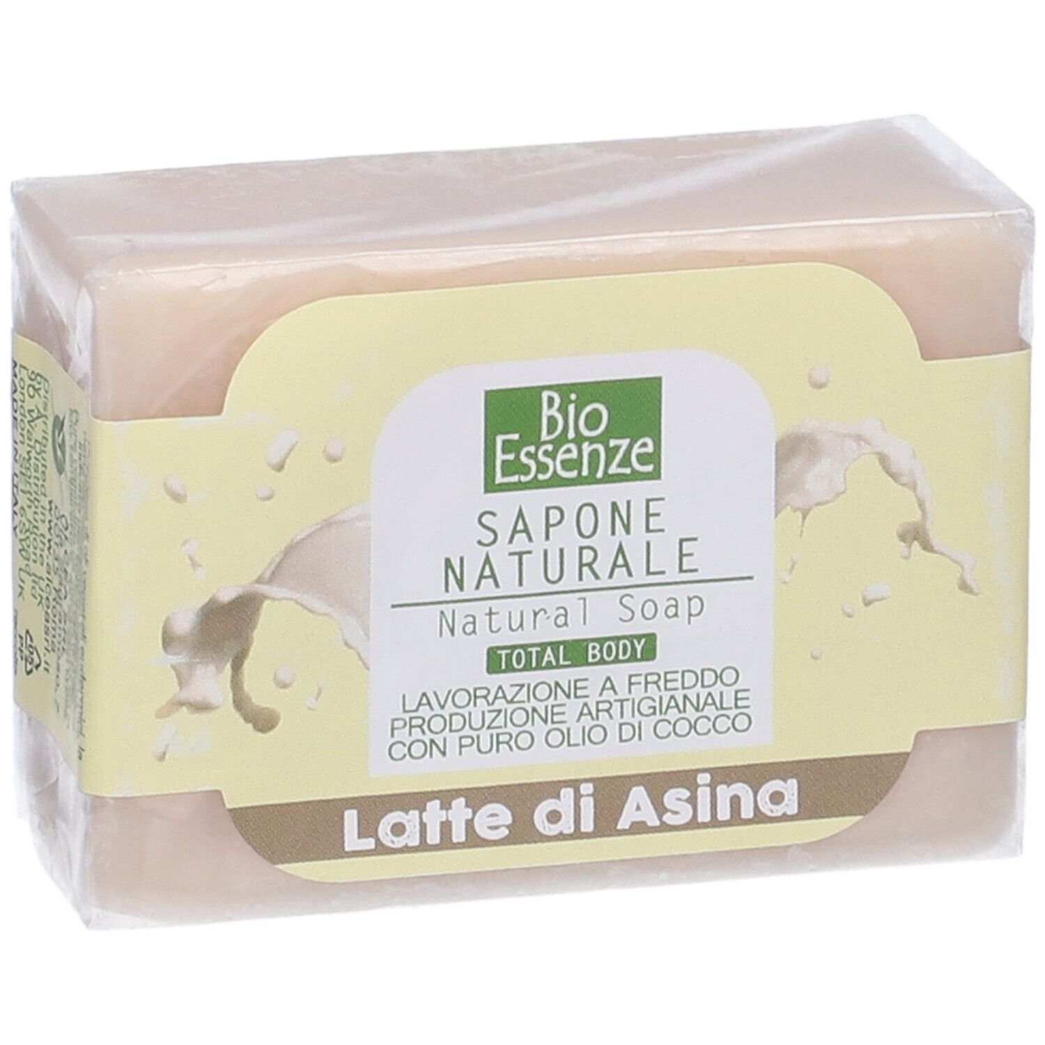 Sapone confezionato. Sulla confezione: "Bio Essenze Sapone Naturale Latte di Asina".