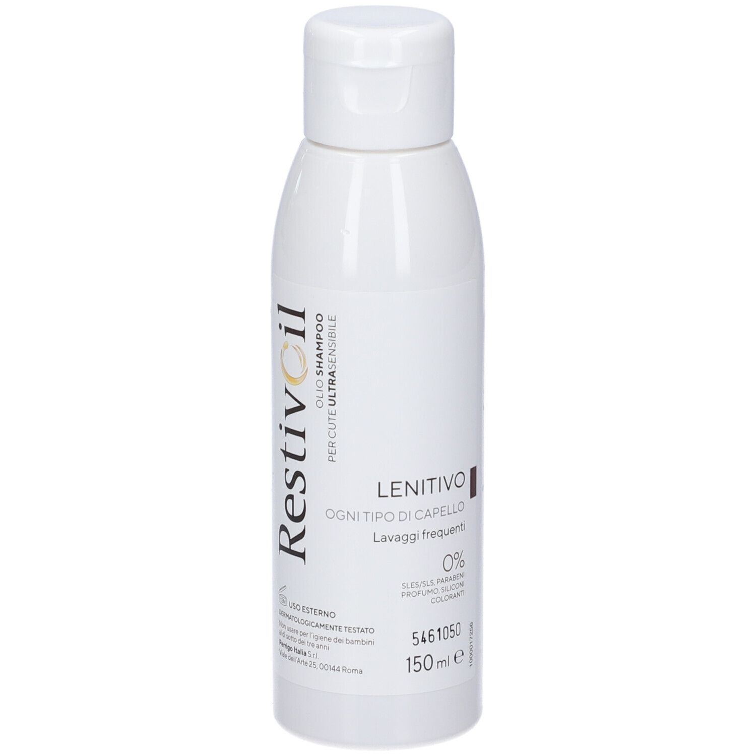 Weiße Flasche mit Klappverschluss. Aufschrift: Restivoil, Öl-Shampoo für ultra-empfindliche Haut. Text: Lenitivo, für jeden Haartyp. 150 ml.