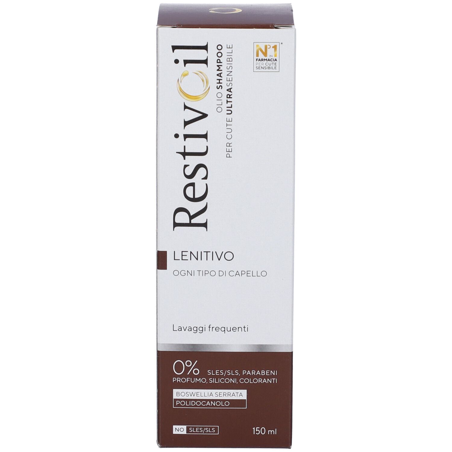 Produktverpackung. Weiß und braun. Aufschrift: Restivoil, Öl-Shampoo für ultra-empfindliche Haut. Text: Lenitivo, für jeden Haartyp. 150 ml.