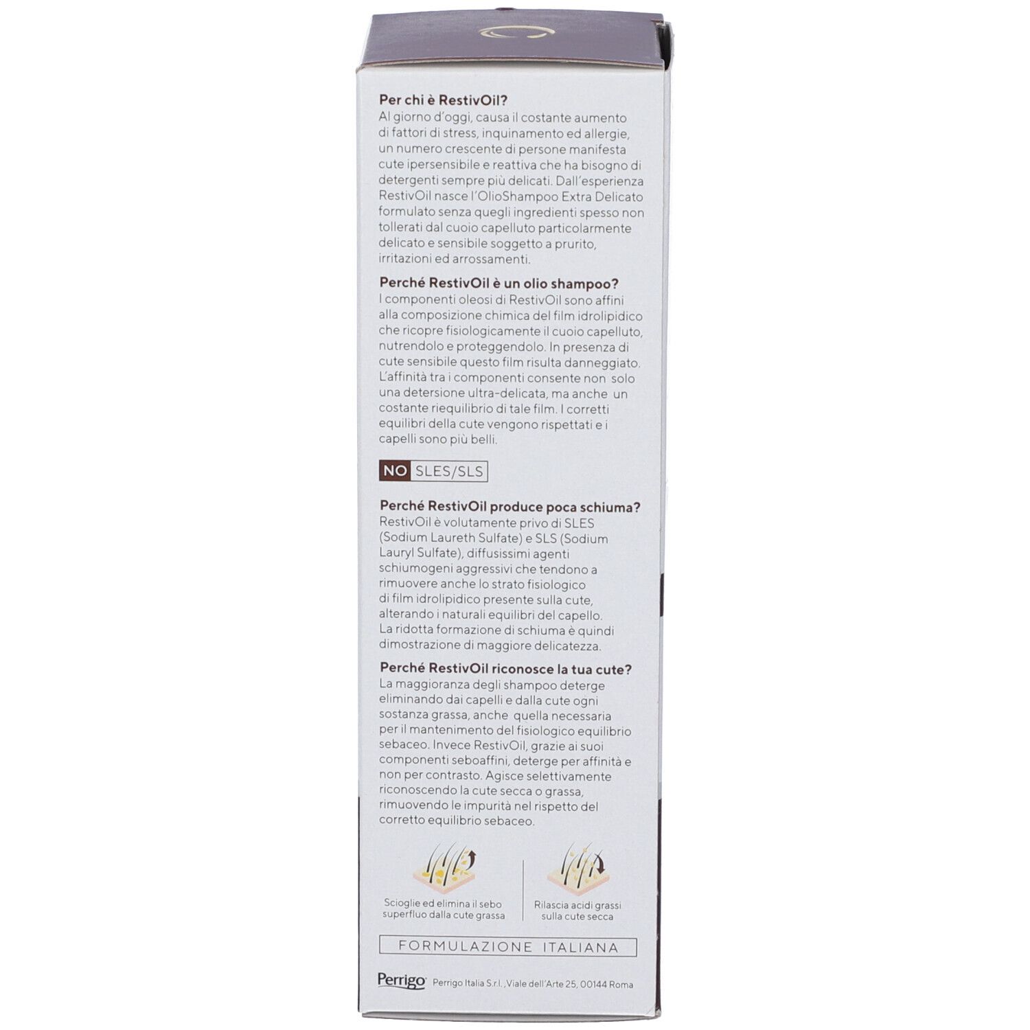 Produktverpackung, Rückseite. Text in italienischer Sprache. Enthält Informationen über das Produkt und seine Inhaltsstoffe.