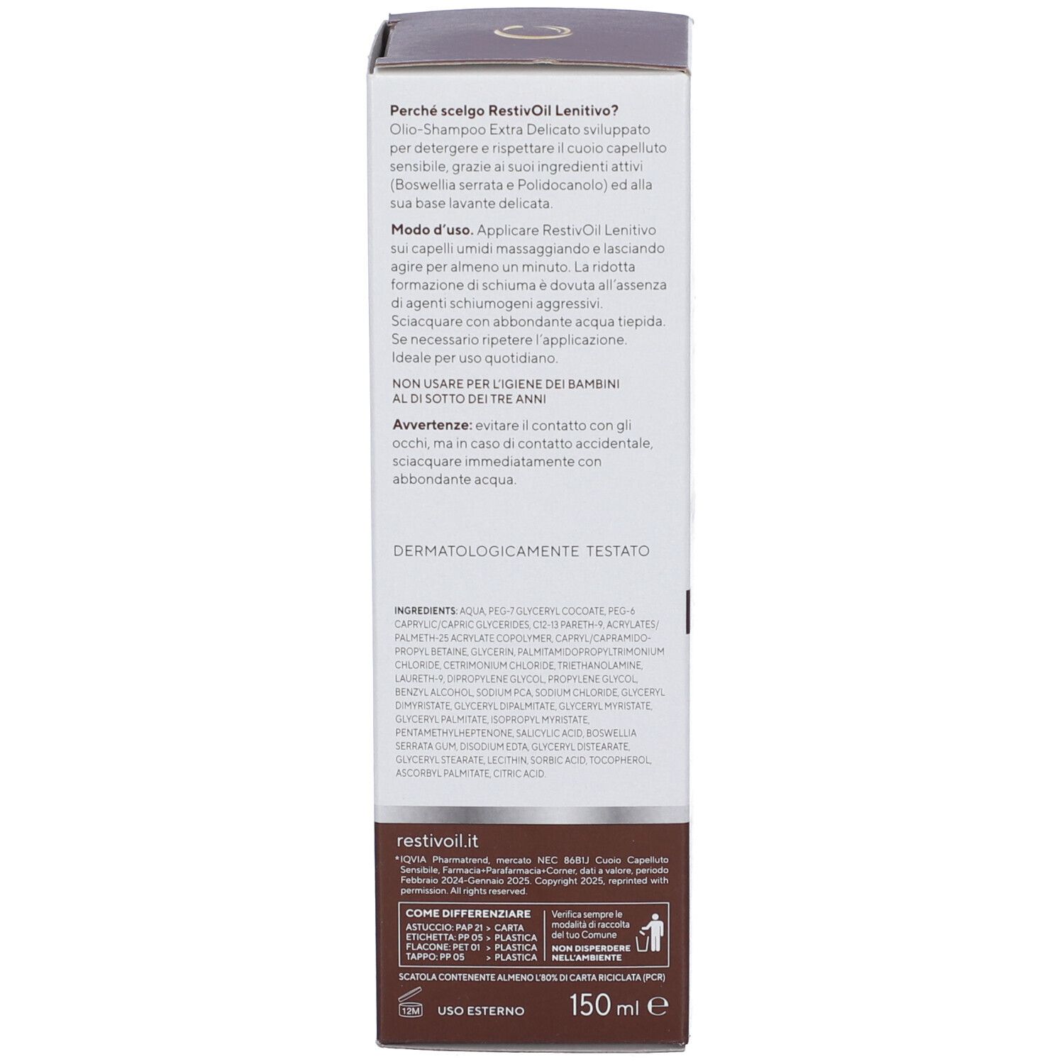 Produktverpackung, Seite. Text in italienischer Sprache. Enthält Informationen zur Anwendung und Inhaltsstoffe.