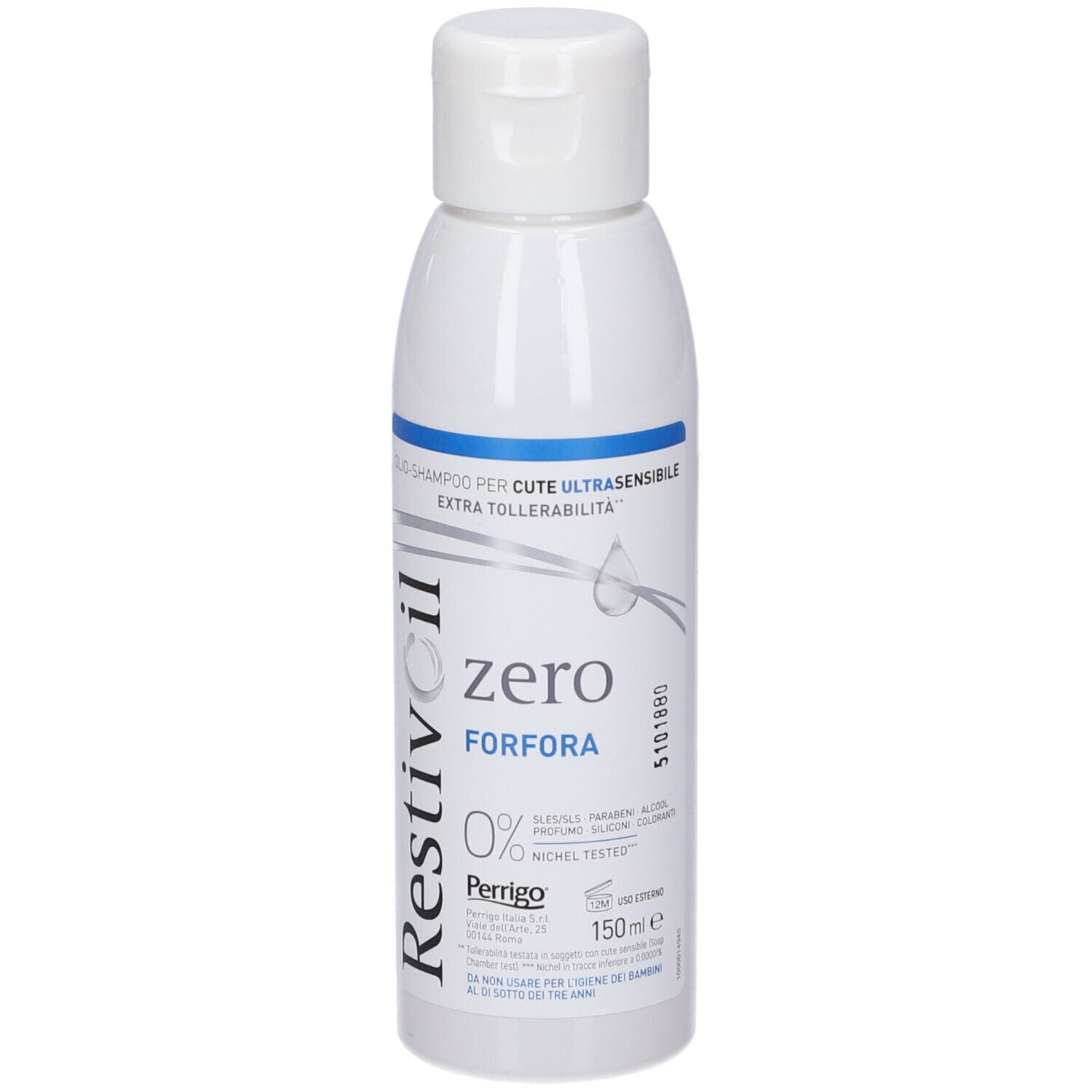 Weiße Flasche mit Klappverschluss. Aufschrift: Restivoil zero FORFORA. Text: Shampoo für empfindliche Kopfhaut. 0% SLES/SLS, Paraben, Alkohol, Silikon, Farbstoffe.