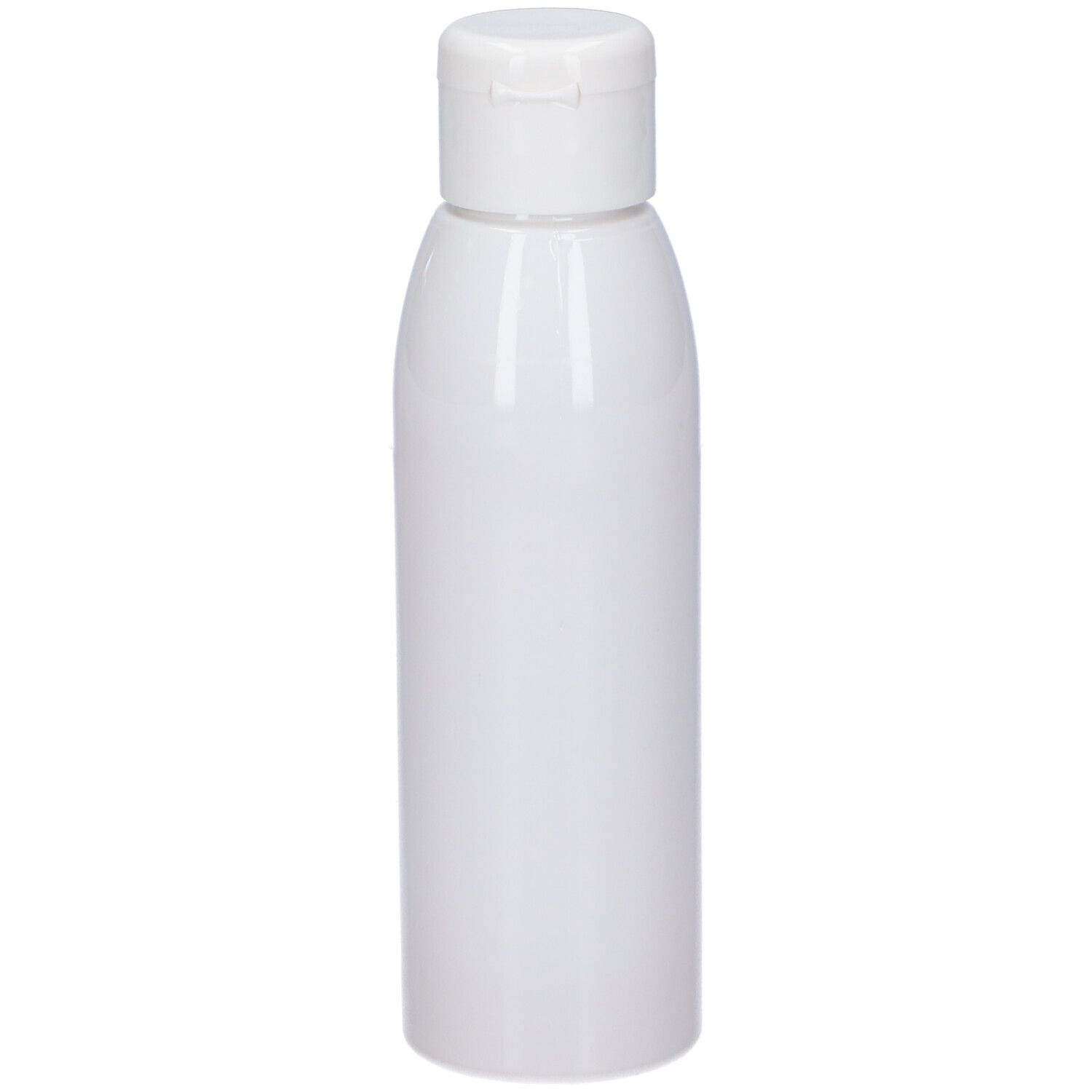 Weiße, zylindrische Flasche mit weißem Klappverschluss. Glatte Oberfläche. Keine Beschriftung sichtbar.