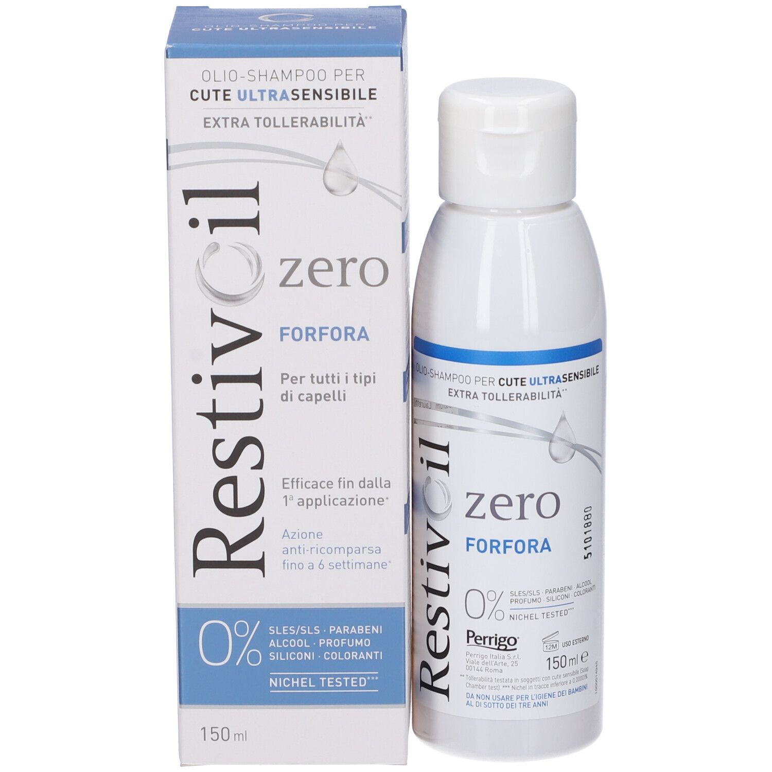 Produktverpackung mit Flasche. Karton und Flasche: Restivoil zero FORFORA. Text: Shampoo für empfindliche Kopfhaut. 0% SLES/SLS, Paraben, Alkohol, Silikon, Farbstoffe.