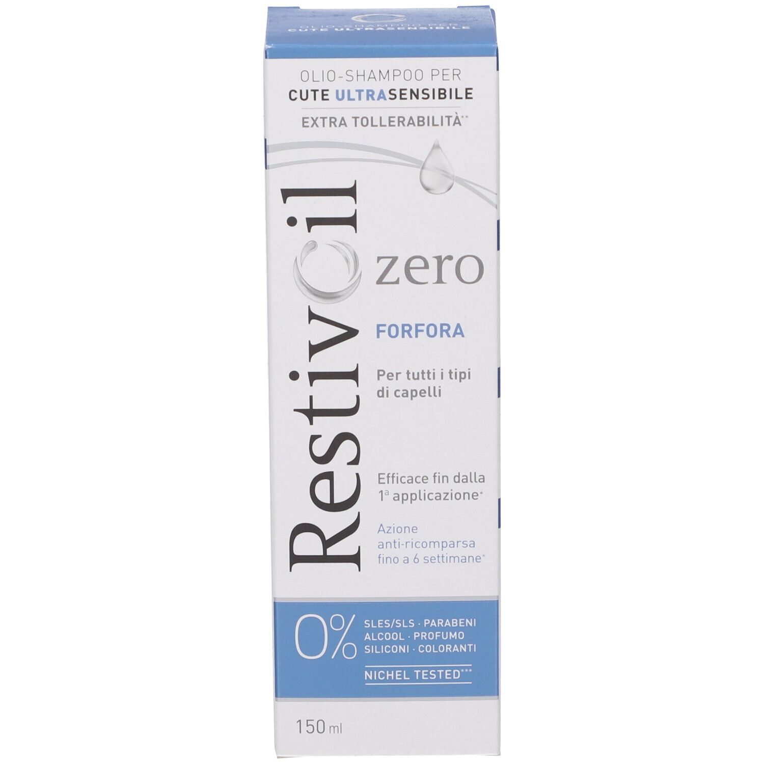 Produktverpackung. Karton: Restivoil zero FORFORA. Text: Shampoo für empfindliche Kopfhaut. 0% SLES/SLS, Paraben, Alkohol, Silikon, Farbstoffe.