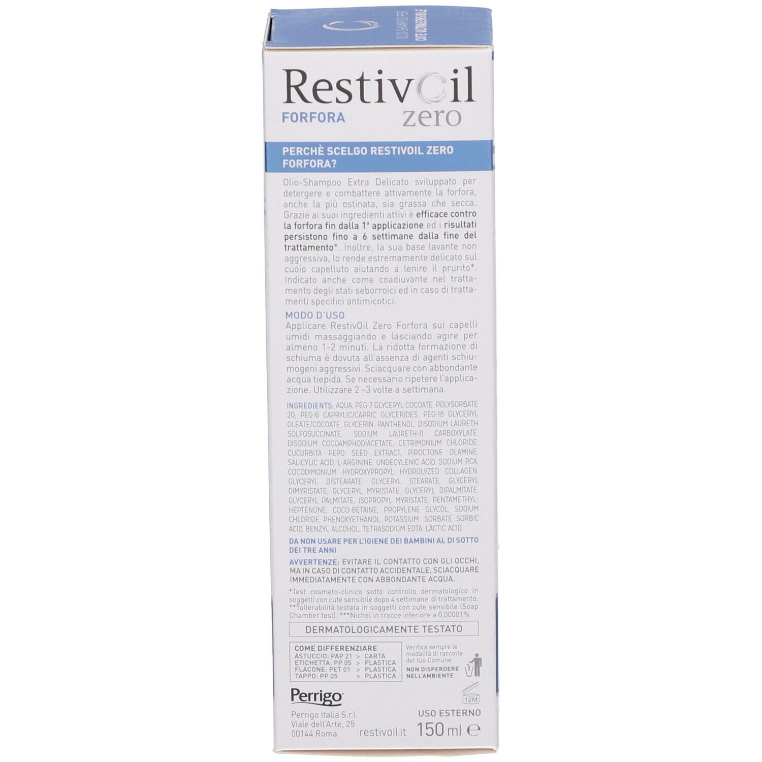 Rückseite der Produktverpackung. Text: Informationen zu Restivoil zero FORFORA. Inhaltsstoffe, Anwendungshinweise und Herstellerinformationen.