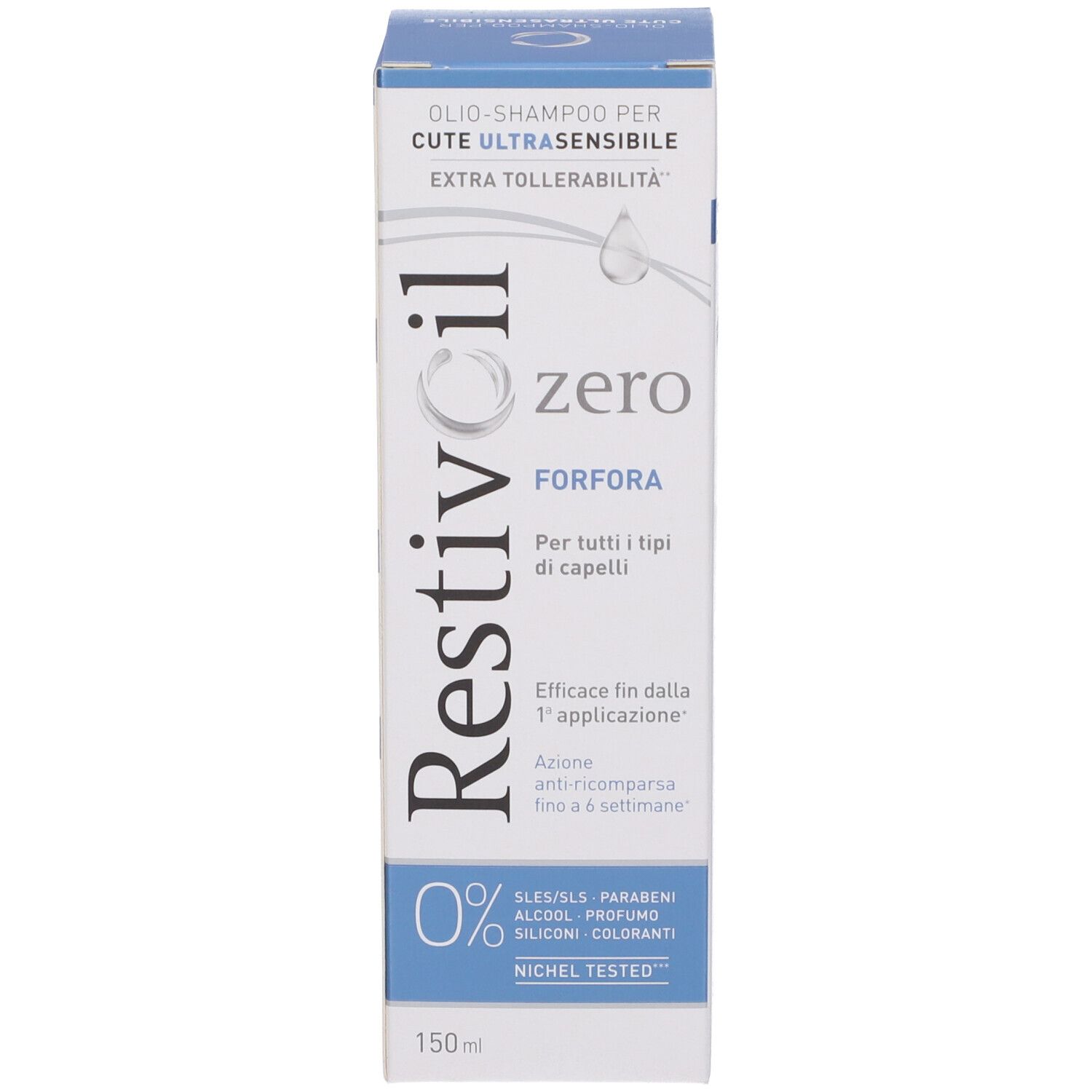 Produktverpackung. Text: Restivoil zero FORFORA. Informationen zur Anwendung und Inhaltsstoffe. 0% SLES/SLS, Paraben, Alkohol, Silikon, Farbstoffe.