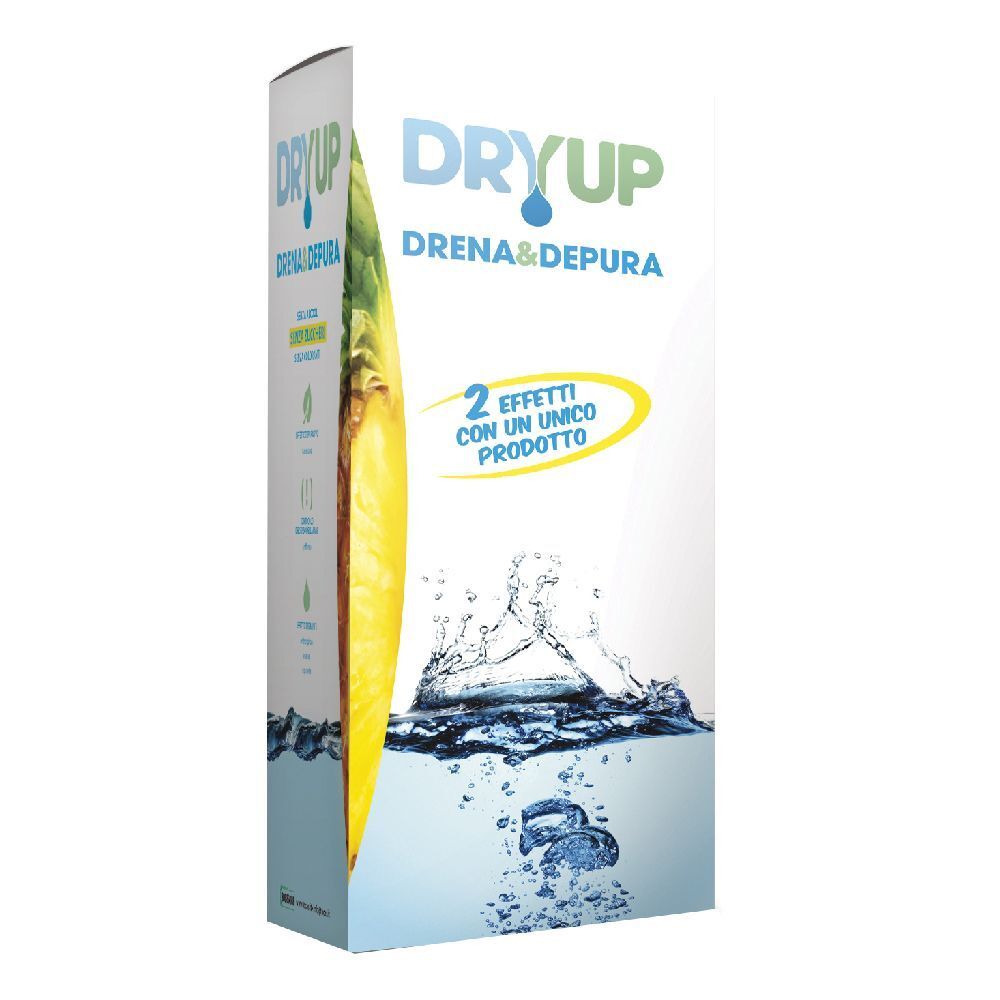 Confezione di Dryup. Scritta: Dryup Drena & Depura. Elementi gialli e blu. 2 effetti con un unico prodotto.