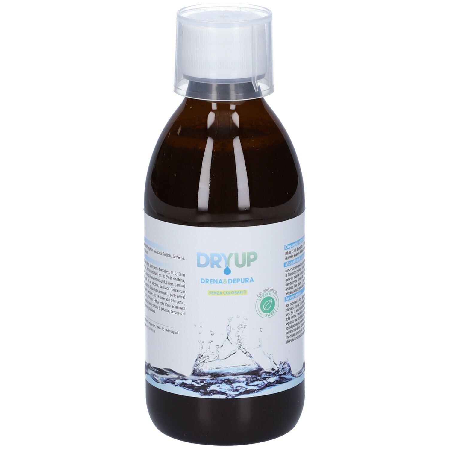 Bottiglia marrone con tappo bianco. Scritta: Dryup Drena & Depura. Etichetta con grafica acqua. Certificazione verde.