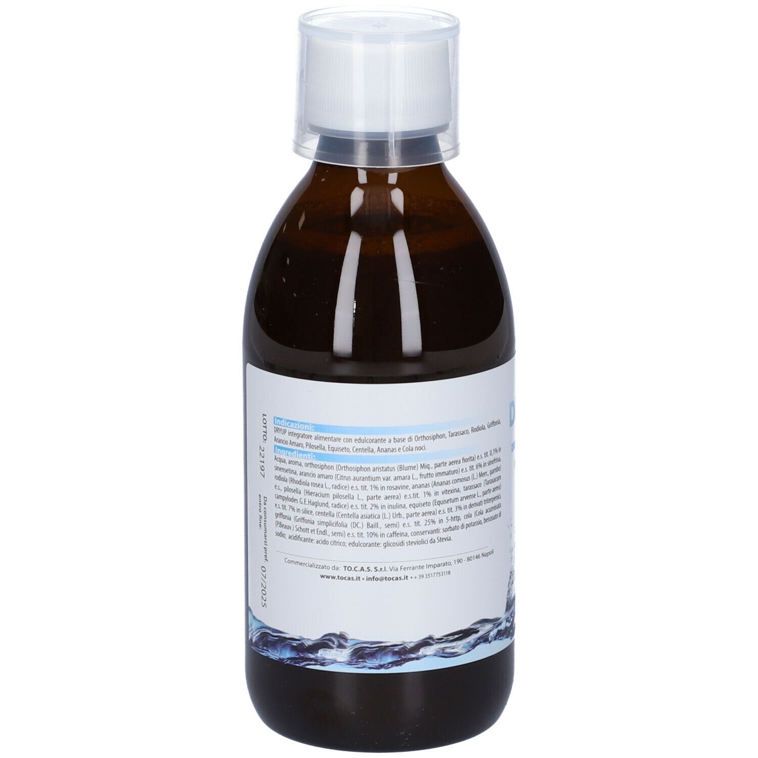 Bottiglia marrone con tappo bianco. Scritta: Dryup Drena & Depura. Etichetta con ingredienti e grafica acqua.