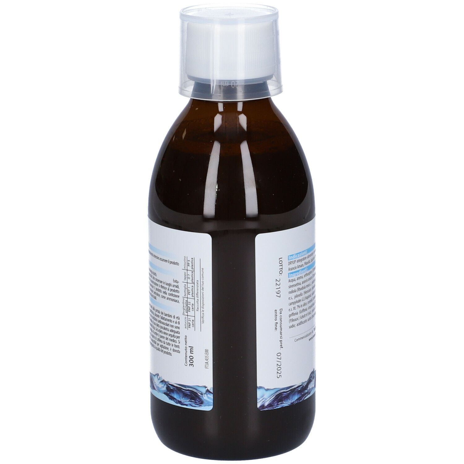 Bottiglia marrone con tappo bianco. Scritta: Dryup Drena & Depura. Etichetta con ingredienti e grafica acqua.