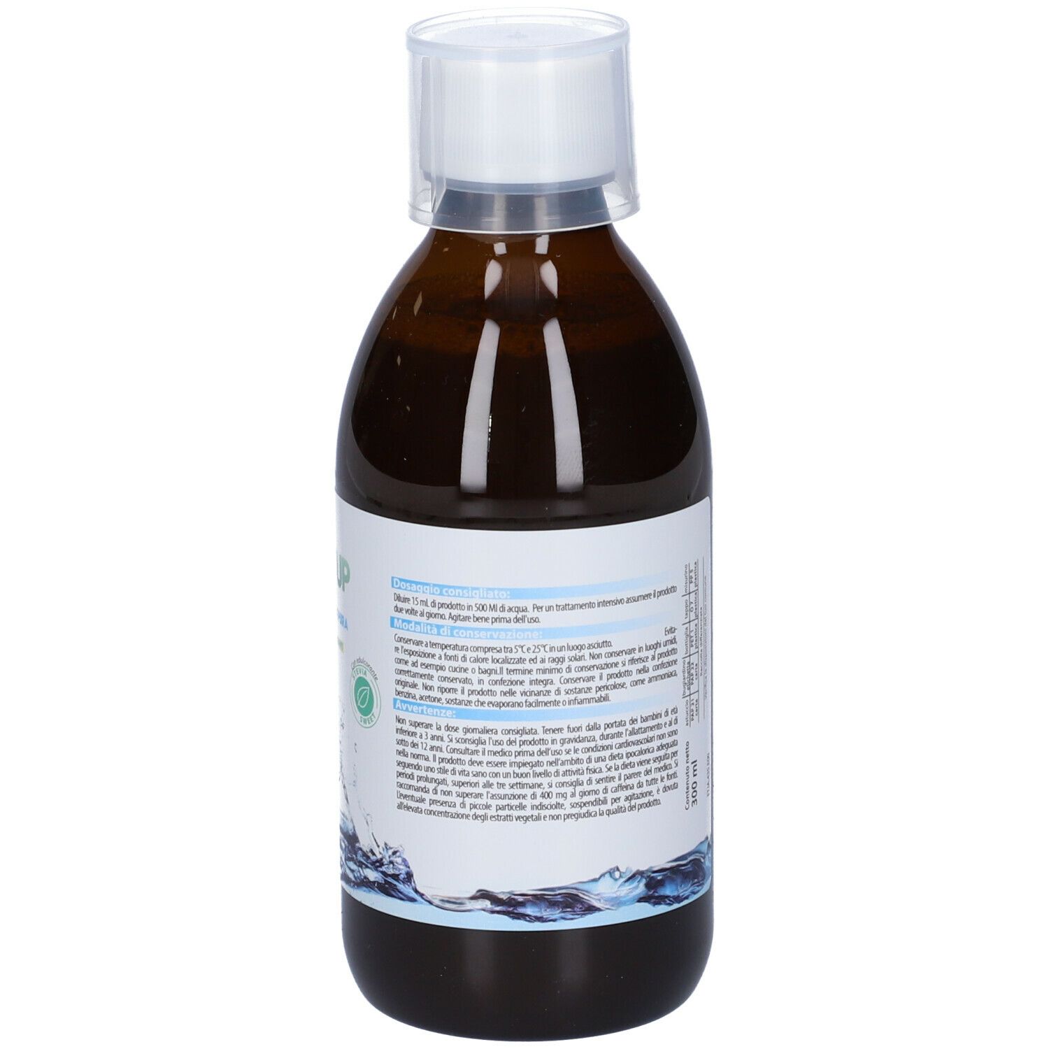 Bottiglia marrone con tappo bianco. Scritta: Dryup Drena & Depura. Etichetta con ingredienti e grafica acqua.