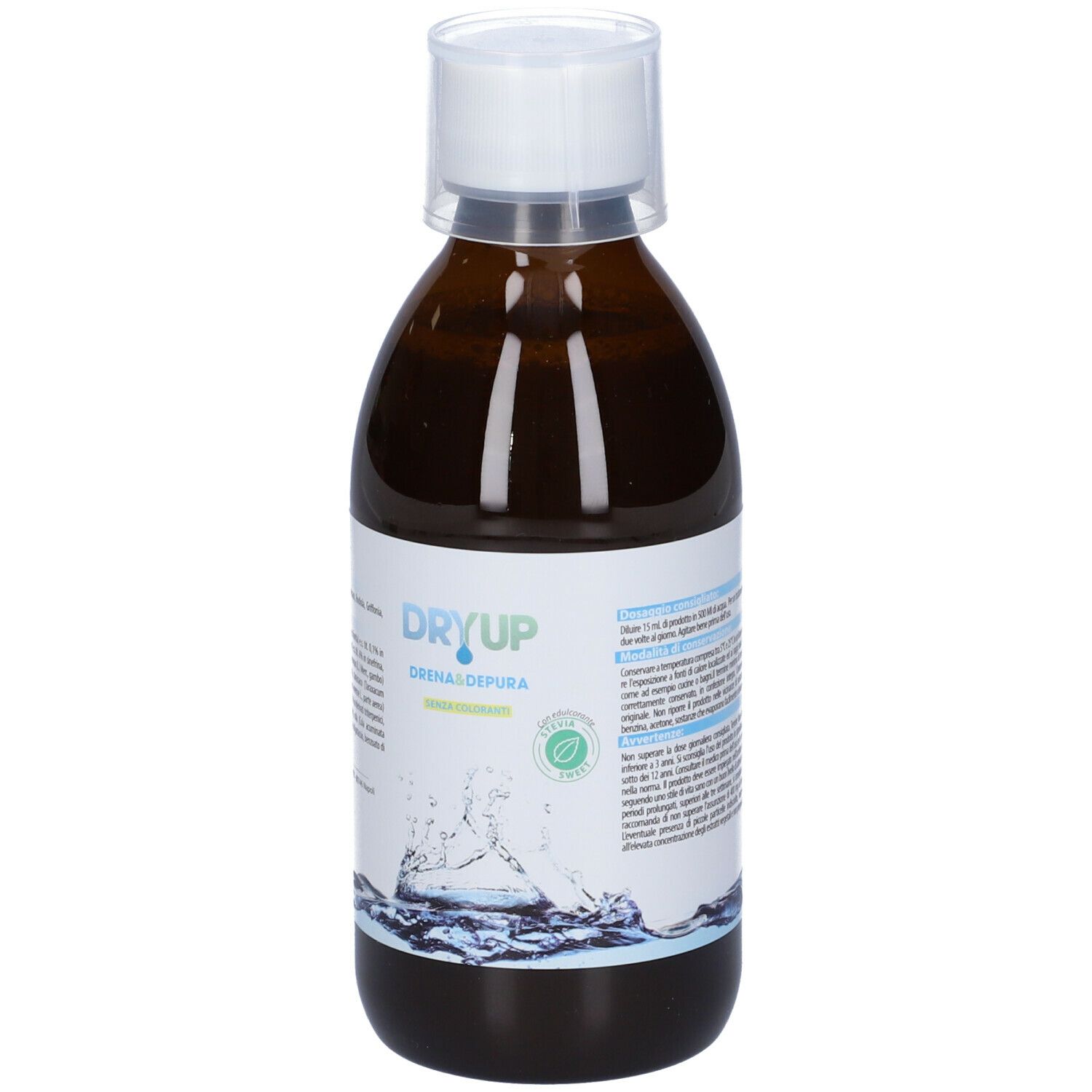 Bottiglia marrone con tappo bianco. Scritta: Dryup Drena & Depura. Etichetta con ingredienti e grafica acqua.