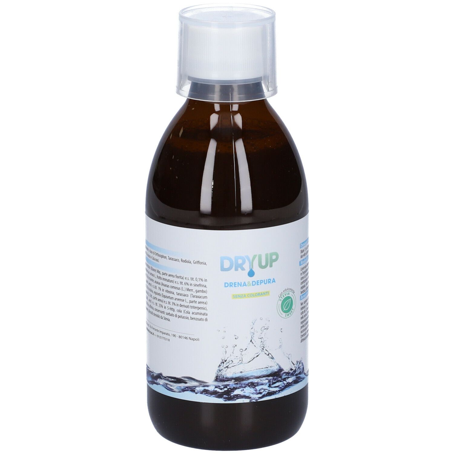 Bottiglia marrone con tappo bianco. Scritta: Dryup Drena & Depura. Etichetta con ingredienti e grafica acqua.