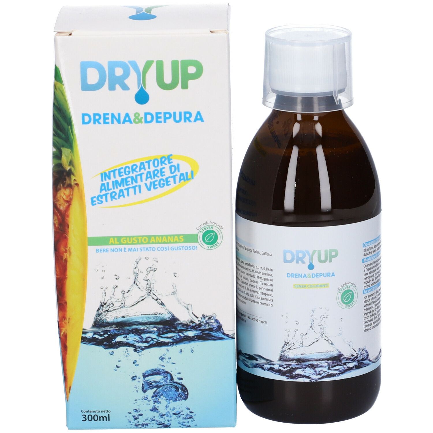 Bottiglia e confezione di Dryup. Scritta: Dryup Drena & Depura. 300ml. Al gusto ananas.