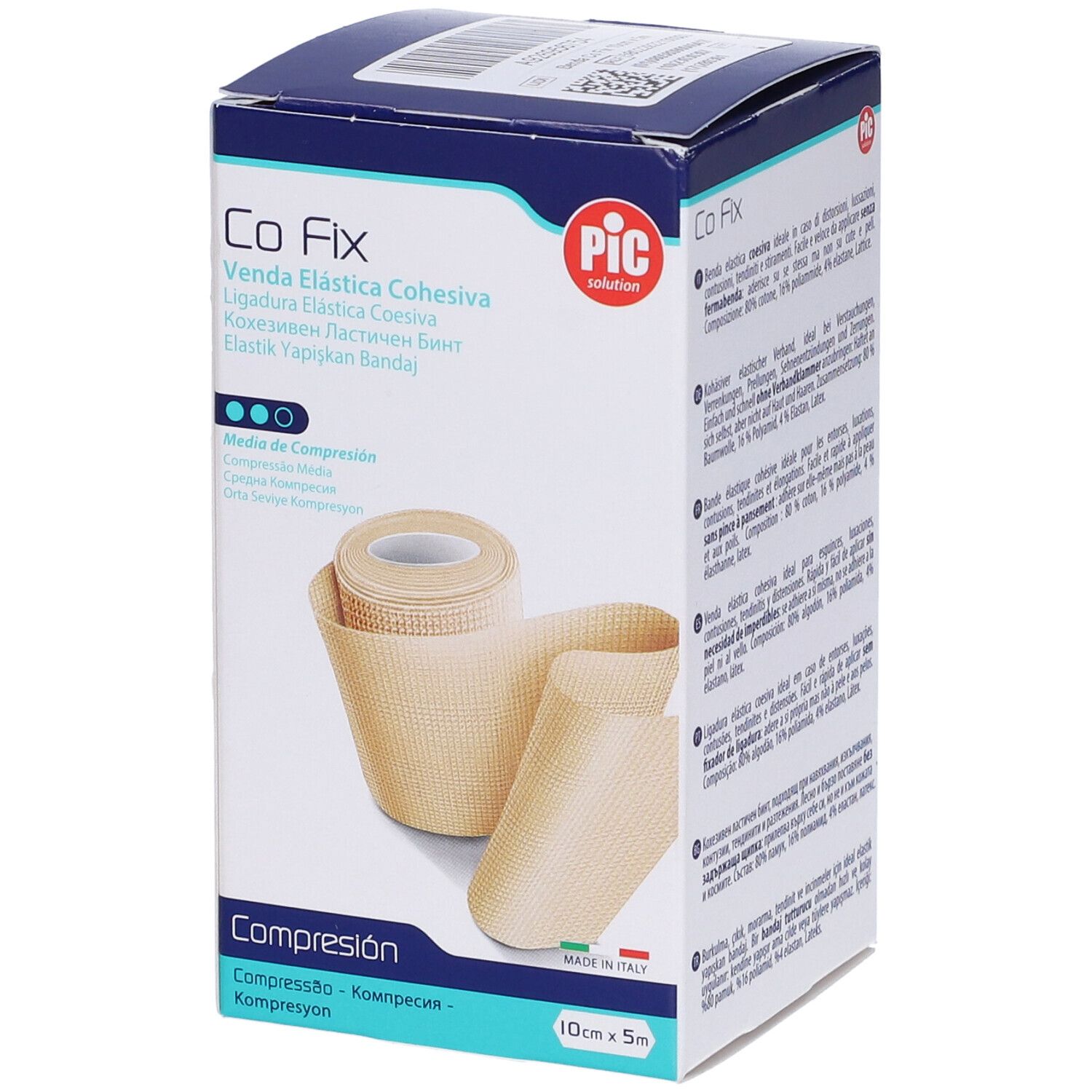 Confezione di benda elastica coesiva Co Fix, PIC. Rotolo e porzione srotolata. 10 cm x 5 m.
