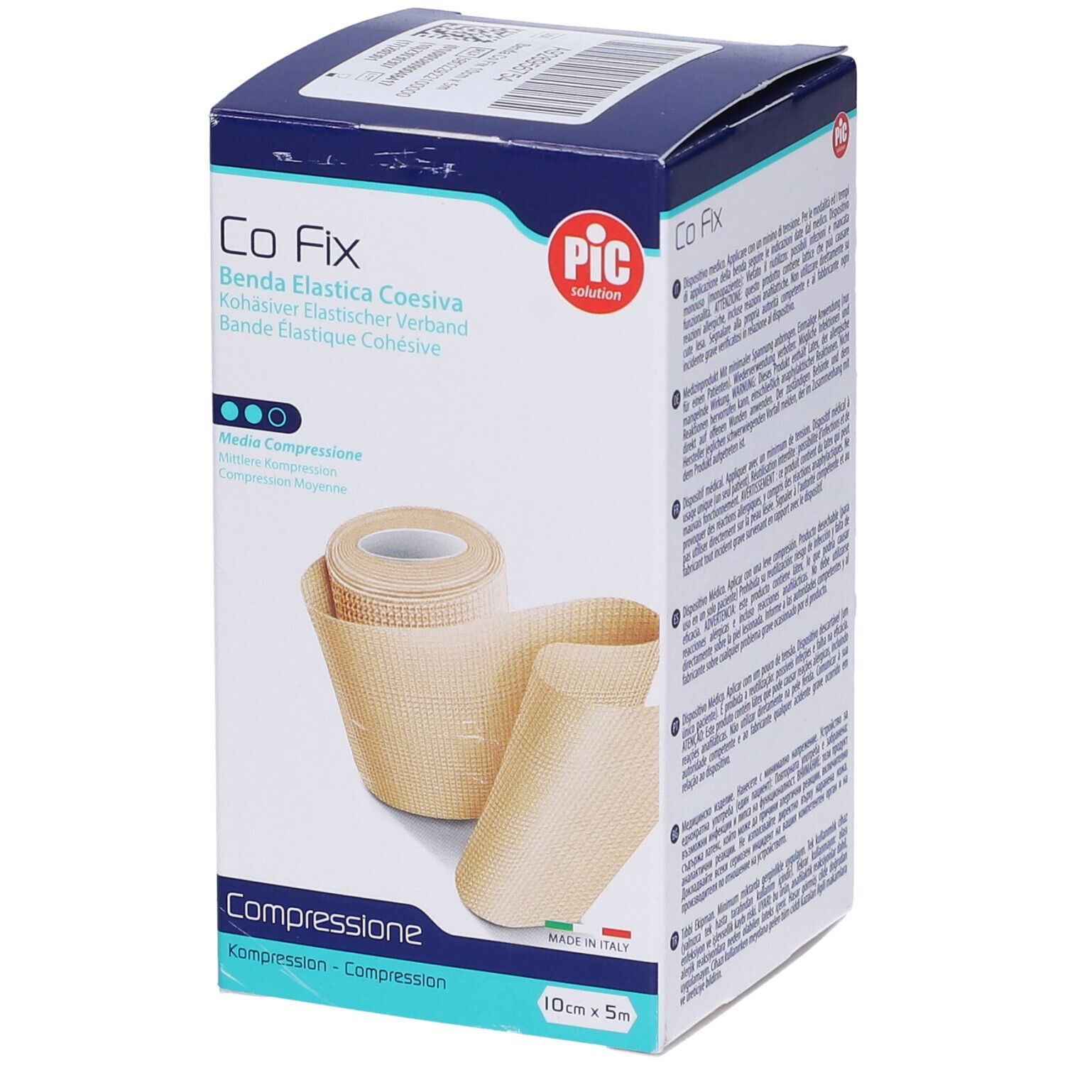 Confezione di benda elastica coesiva Co Fix, PIC. Rotolo e porzione srotolata. 10 cm x 5 m.